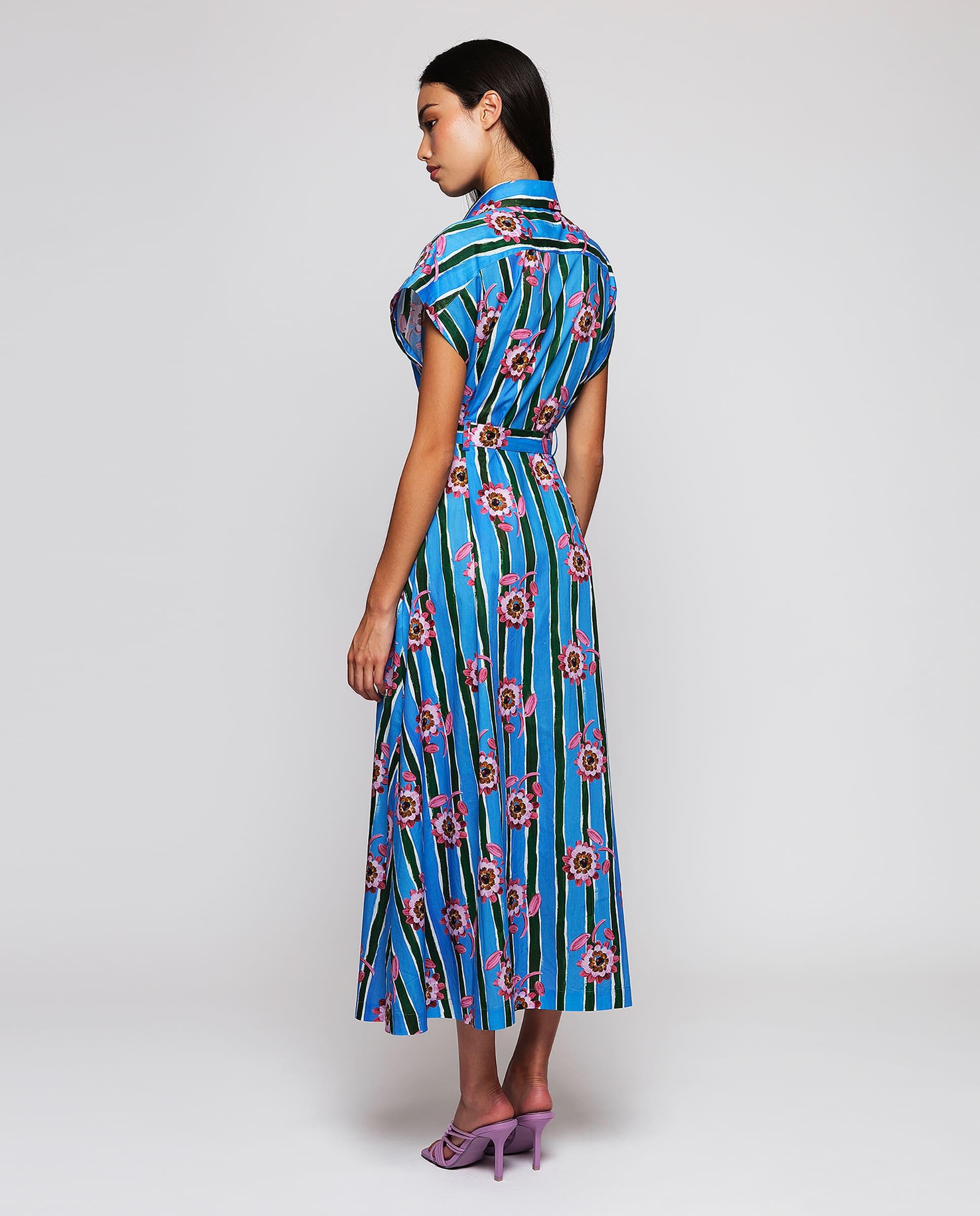 Vestido Midi Tipo Camisa com Estampado Floral de Algodão Azul / Verde-2