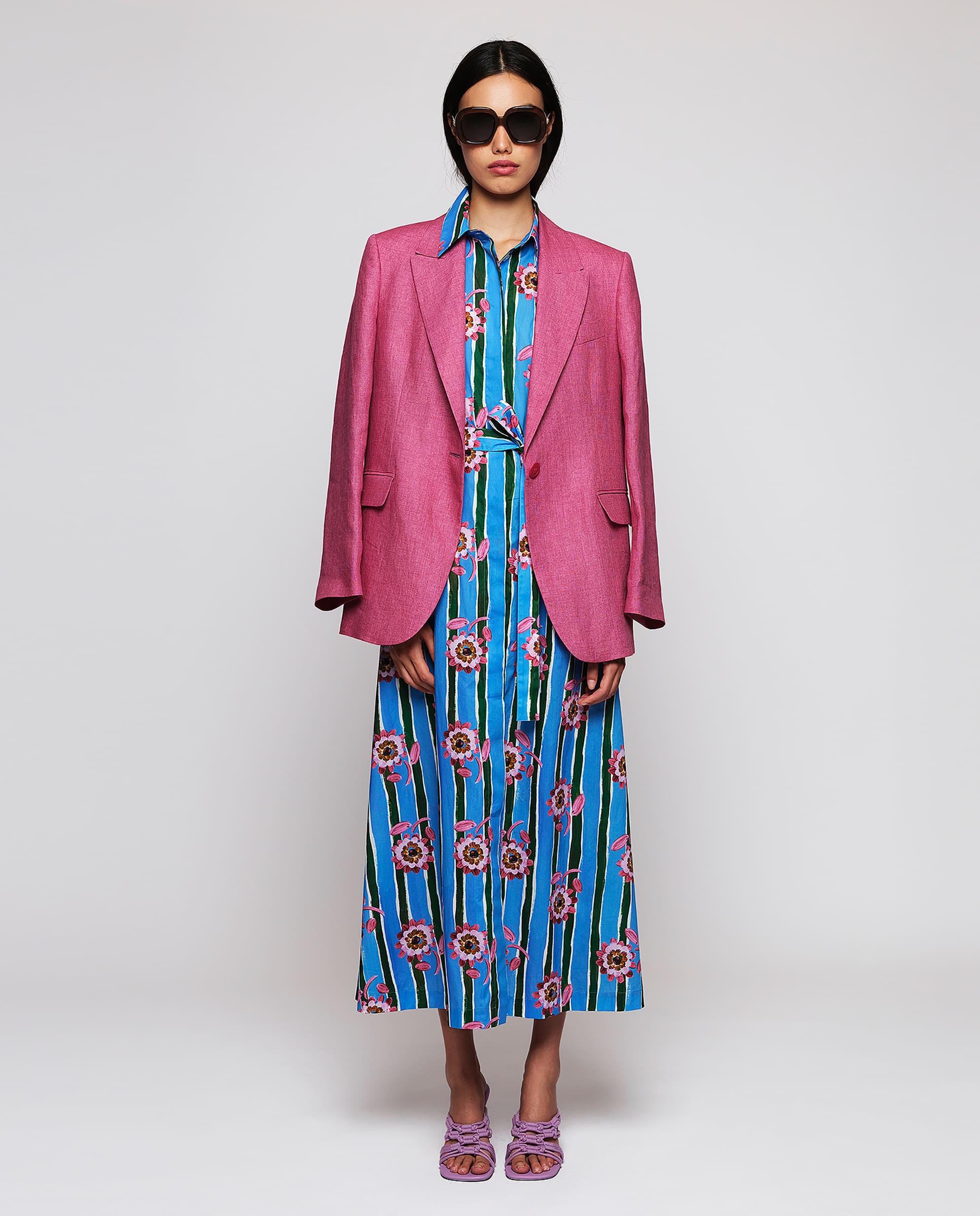 Vestido Midi Tipo Camisa com Estampado Floral de Algodão Azul / Verde-3