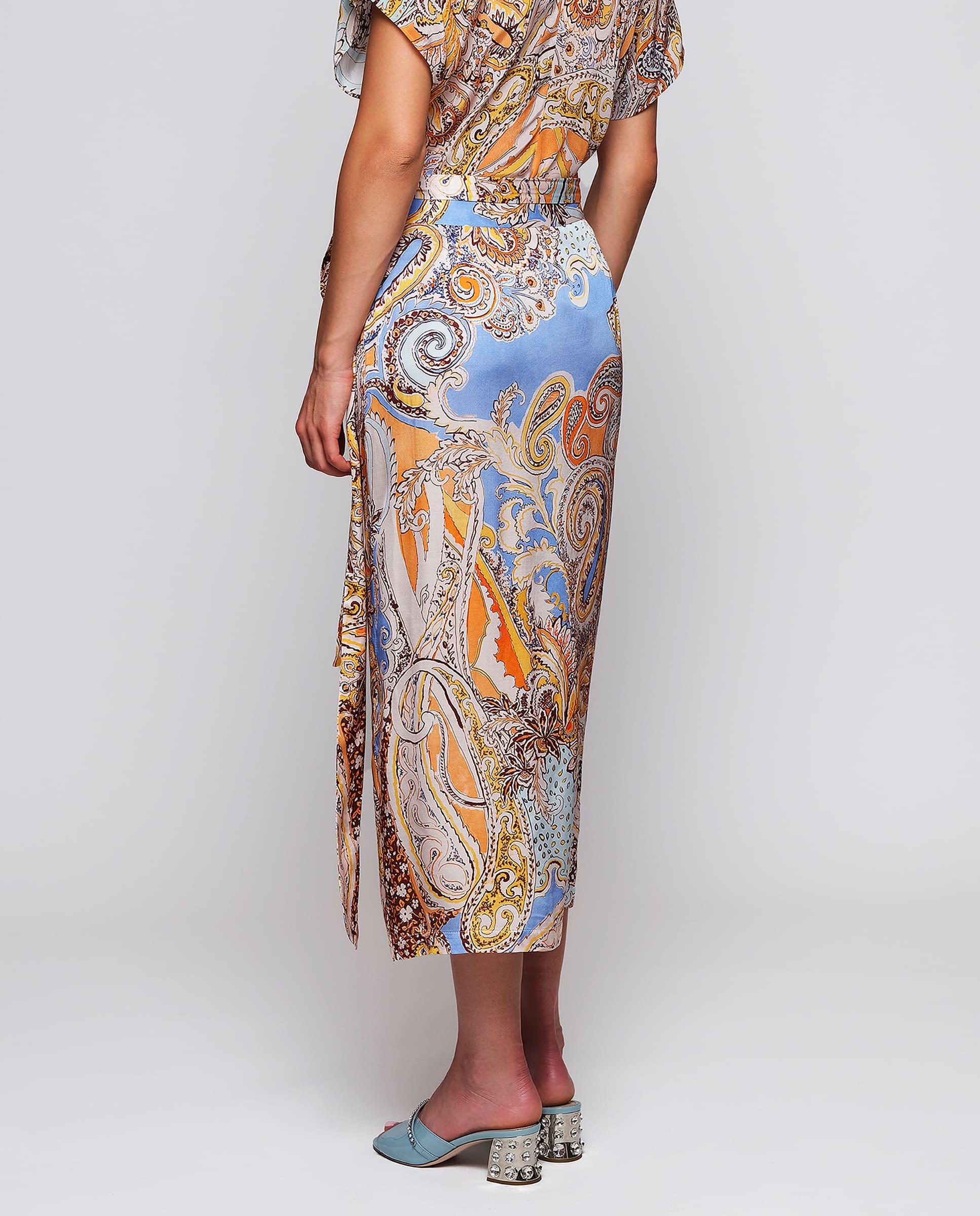 Saia Midi Pareo Fluida com Estampado Paisley Azul-marinho / Laranja-2