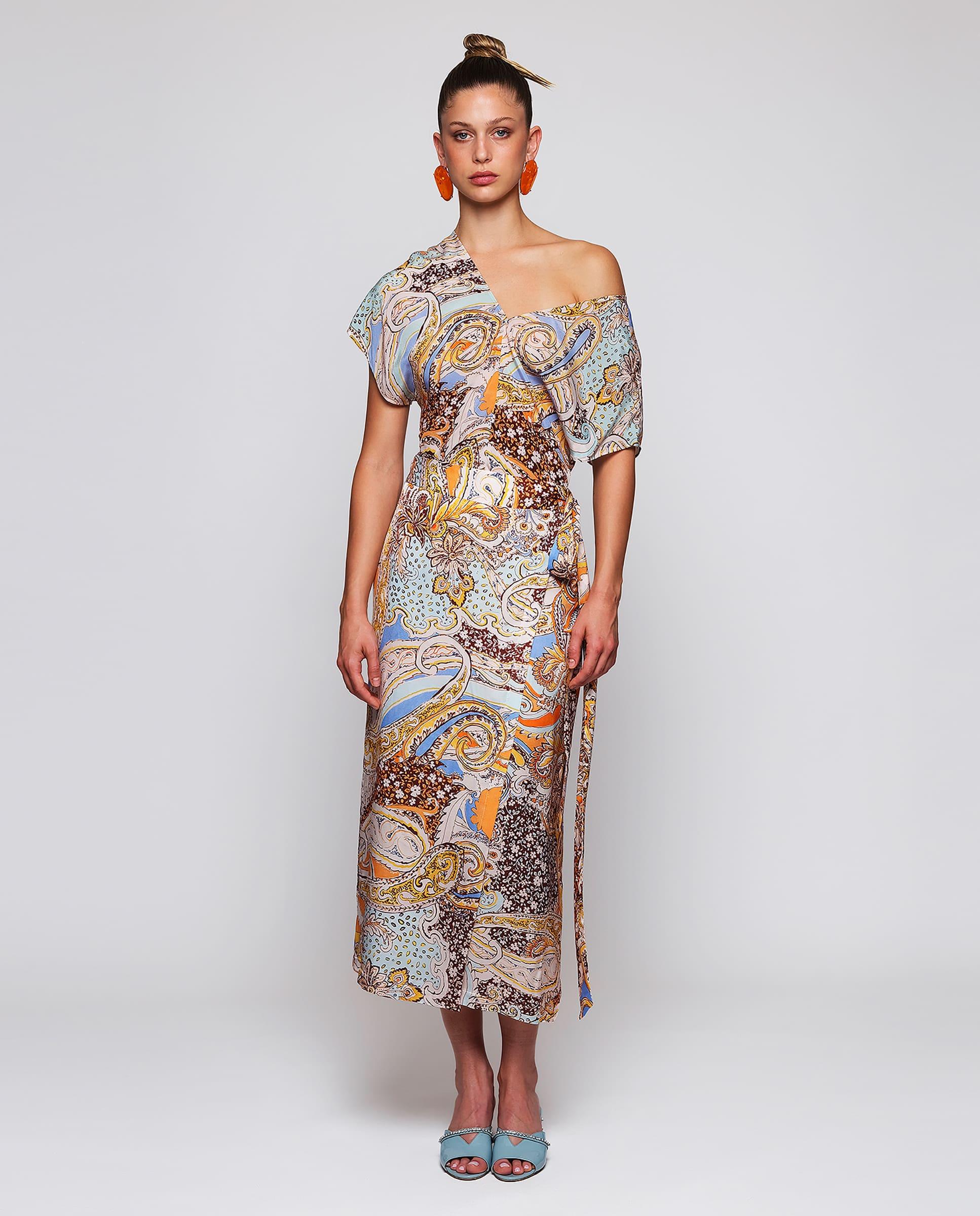 Saia Midi Pareo Fluida com Estampado Paisley Azul-marinho / Laranja-3