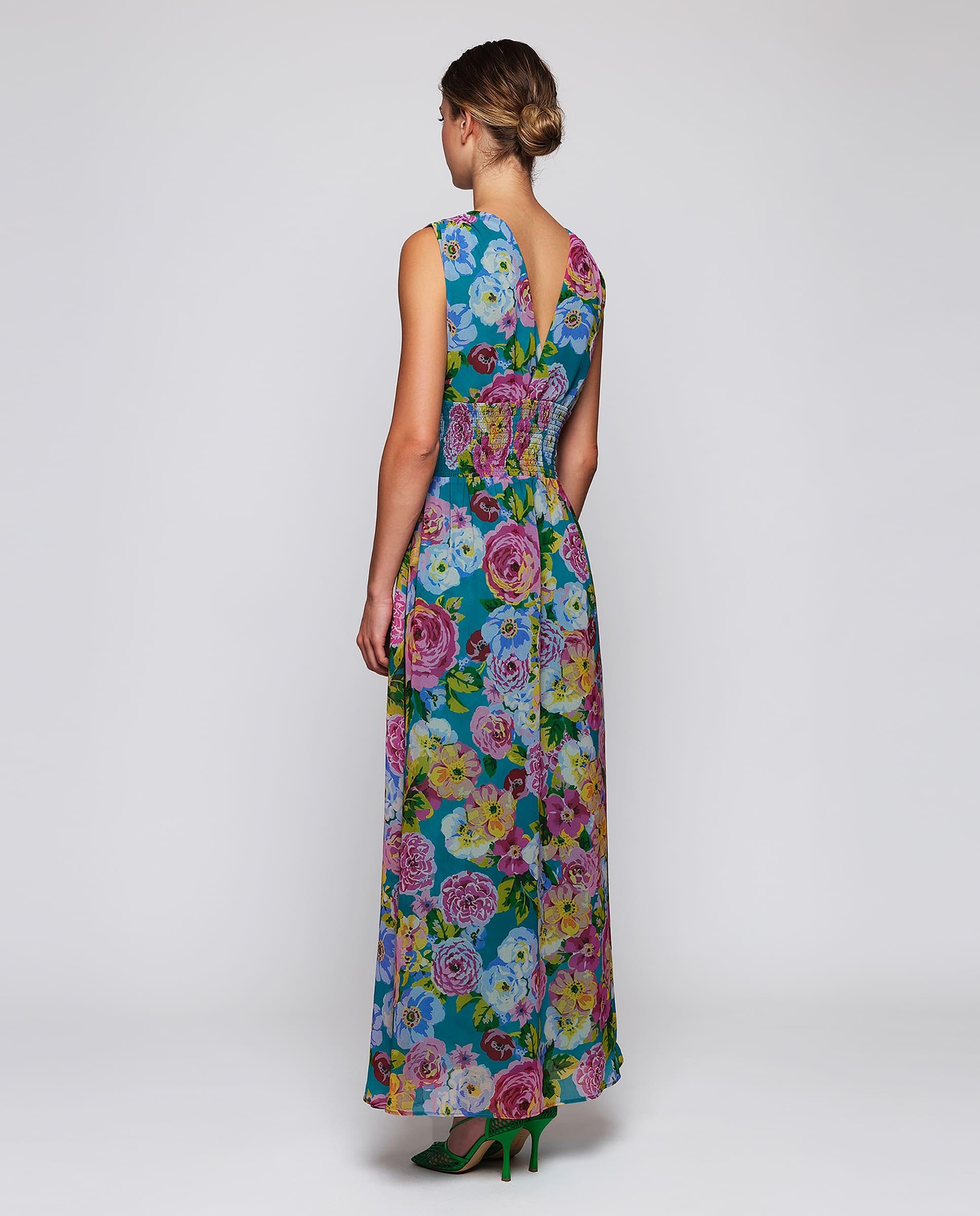Vestido Comprido de Gase com Estampado Floral Azul-turquesa-2