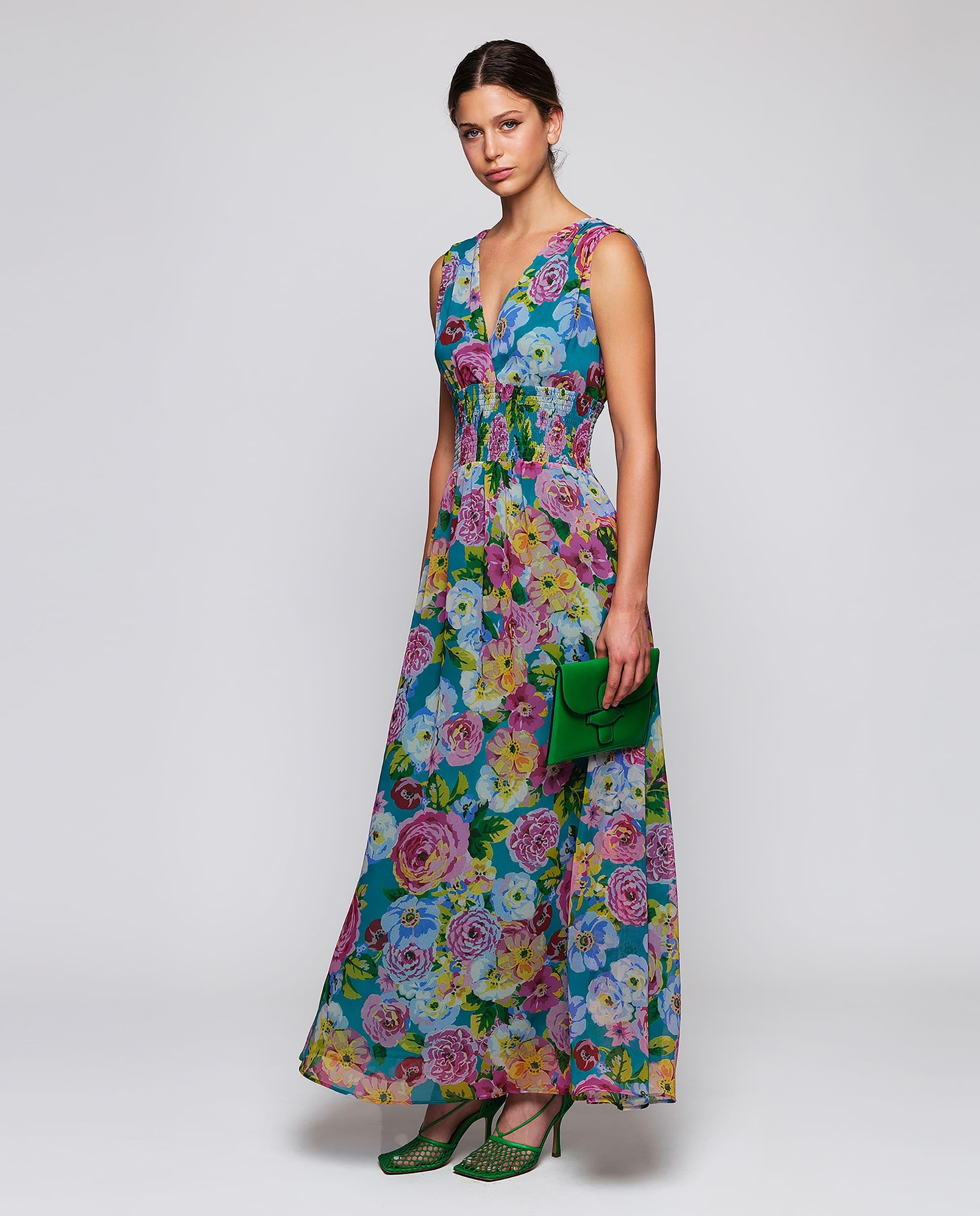 Vestido Comprido de Gase com Estampado Floral Azul-turquesa-3