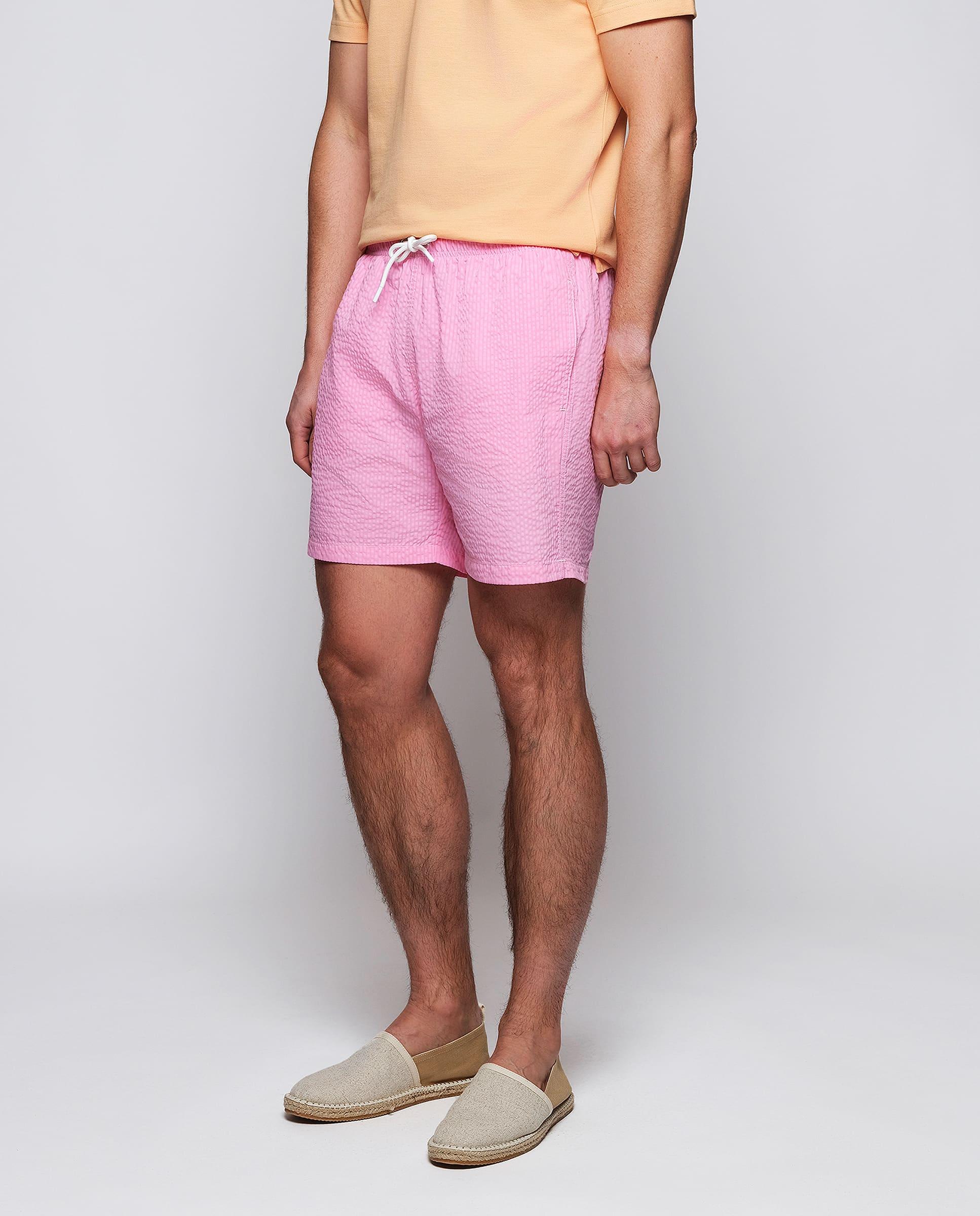Fato de Banho Bermuda Seersuker Às Riscas Rosa-pastilha-1
