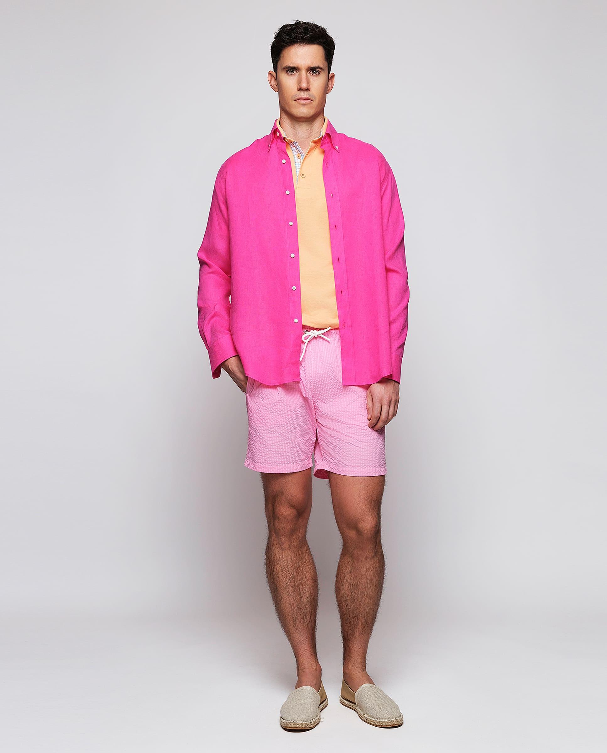 Fato de Banho Bermuda Seersuker Às Riscas Rosa-pastilha-4