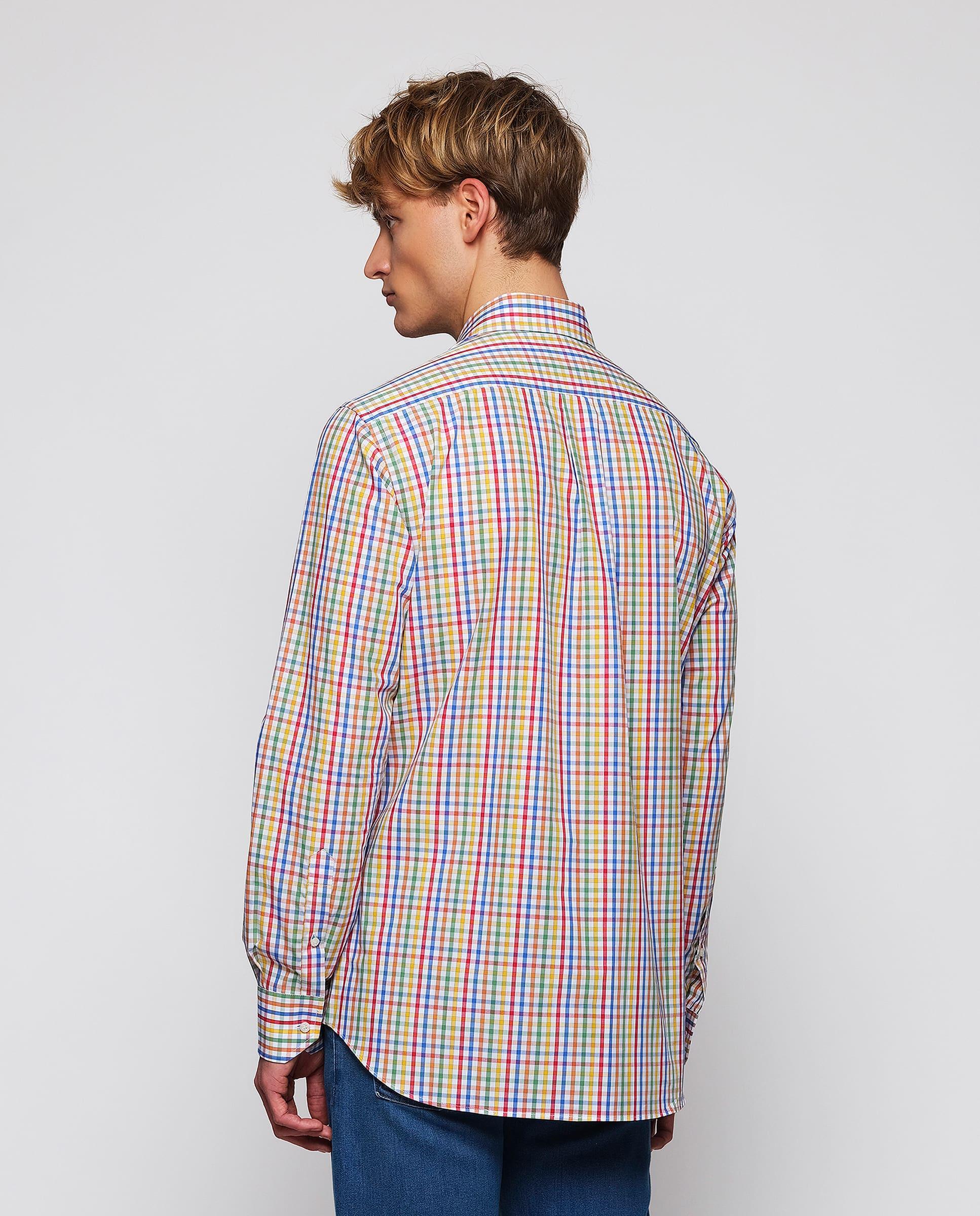 Camisa Casual Aos Quadrados de Algodão Laranja-4