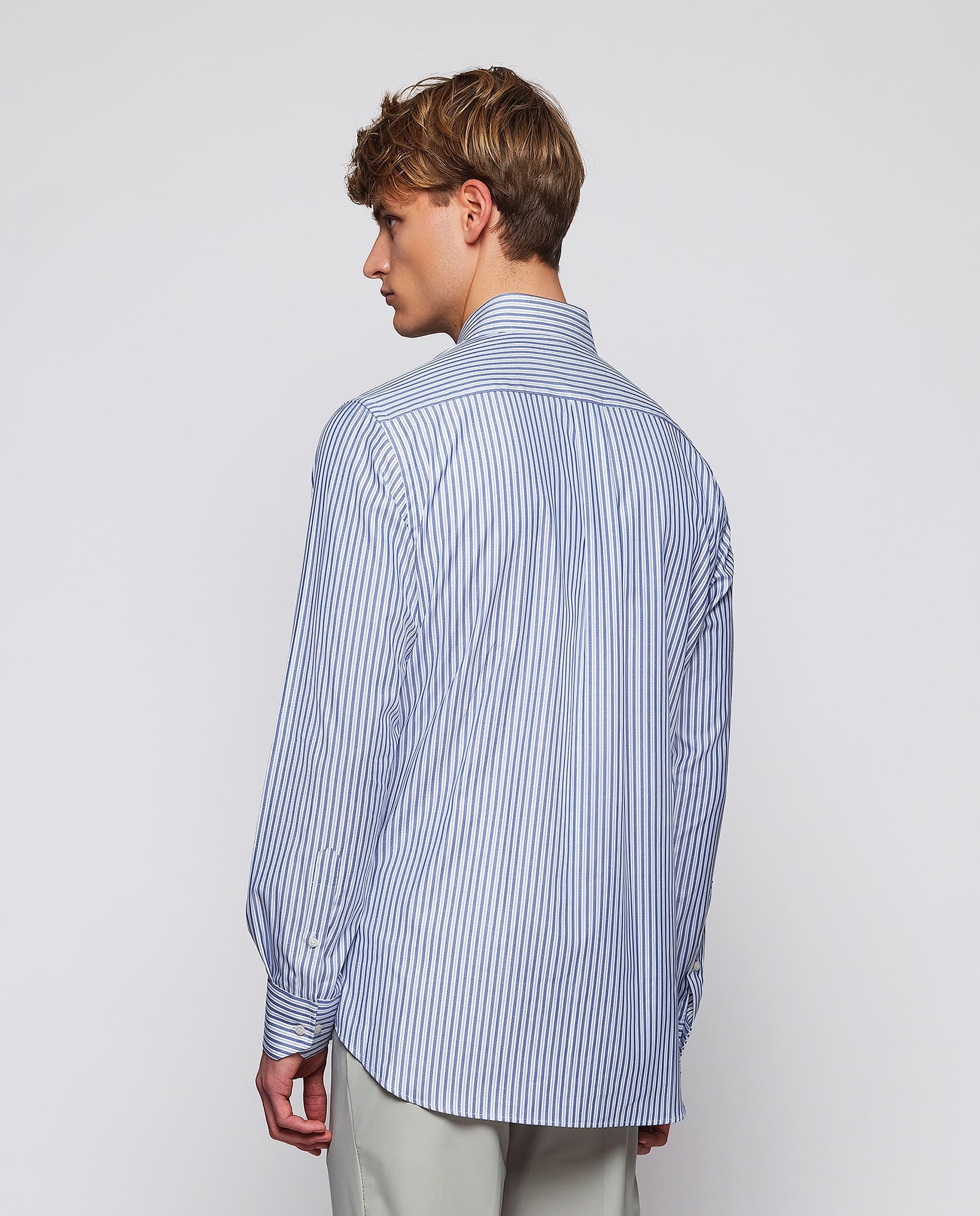 Camisa Casual Às Riscas de Algodão Azul-4