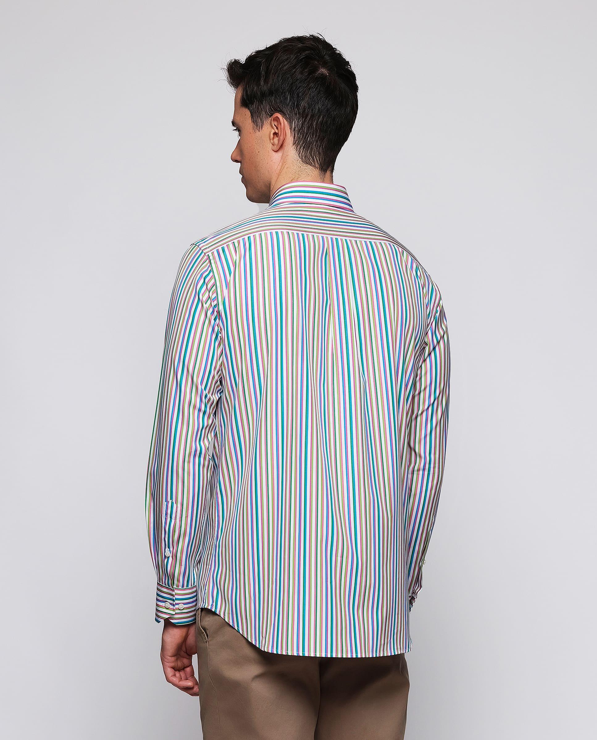 Camisa Casual Às Riscas de Manga Comprida Verde-4