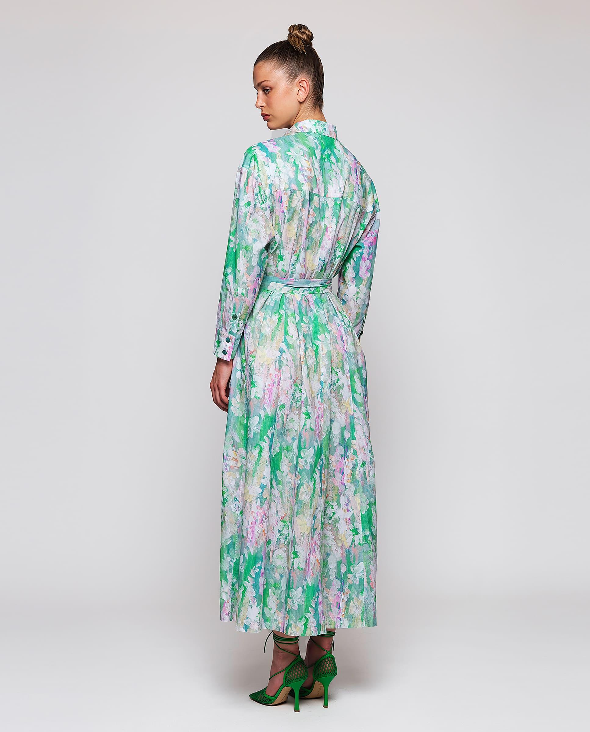 Vestido Comprido Tipo Camisa com Estampado Pinceldas Verde-2