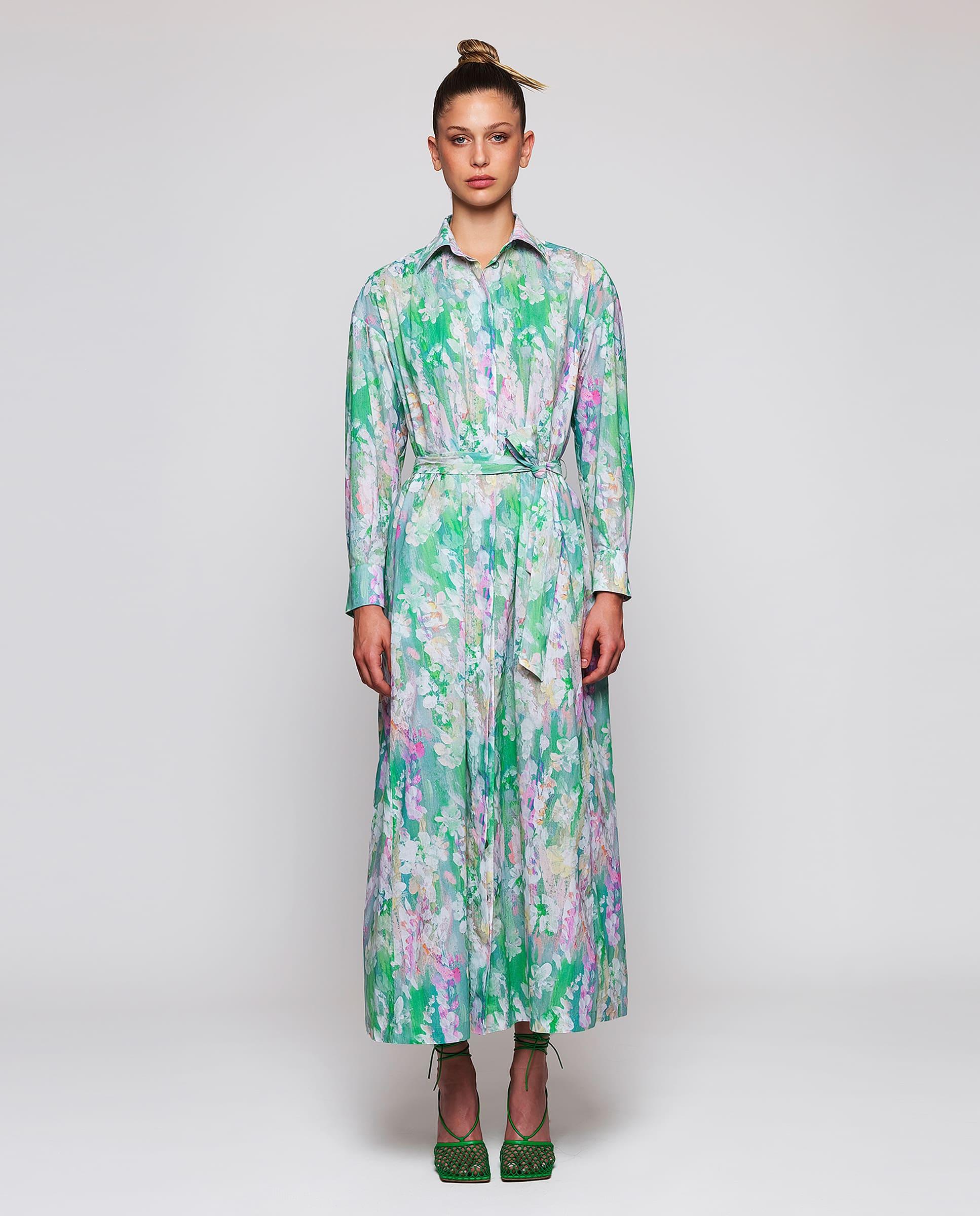 Imagem 0 de Vestido Comprido Tipo Camisa com Estampado Pinceldas