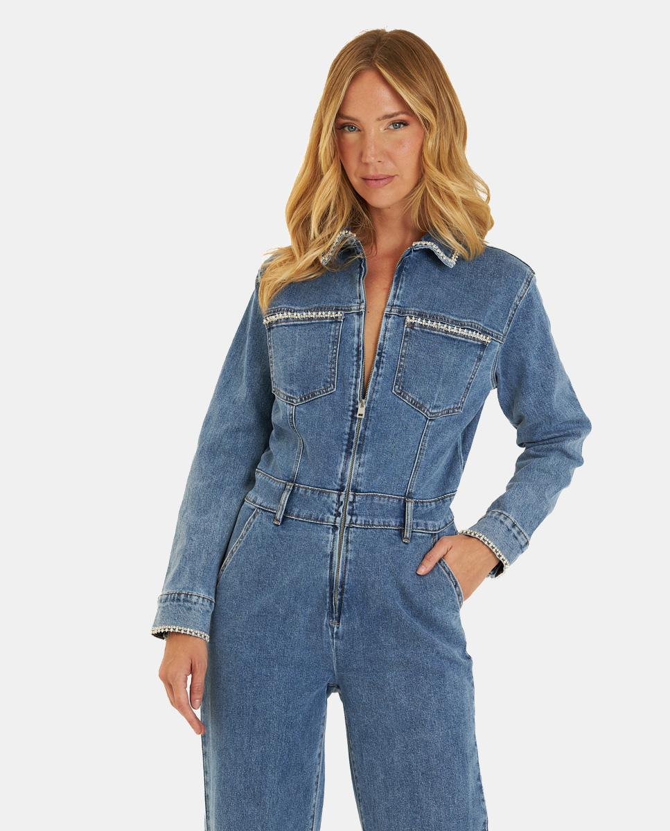 Macacão Jeans de Algodão Azul-2