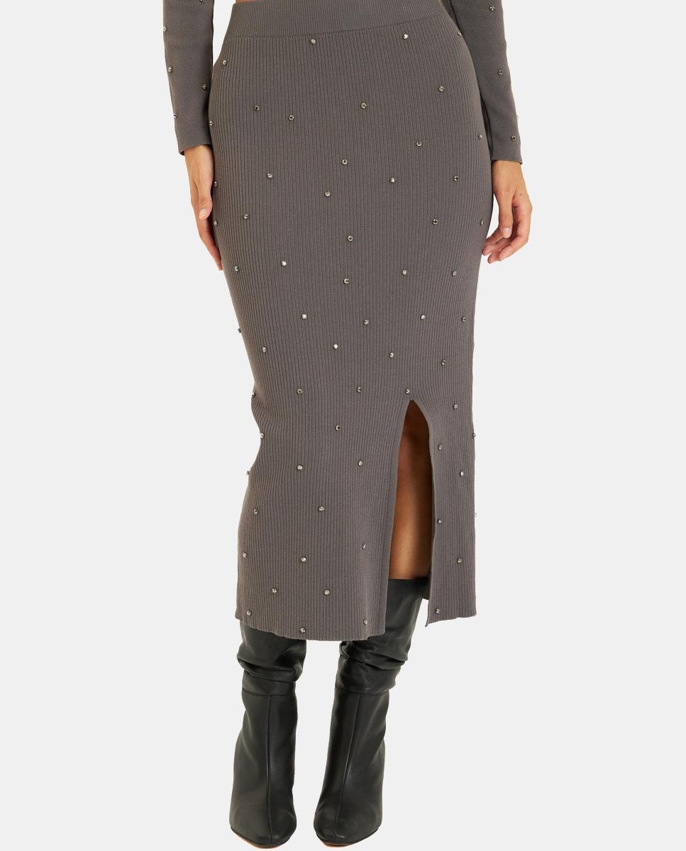 Saia Midi de Malha com Pedraria Cinzento-1