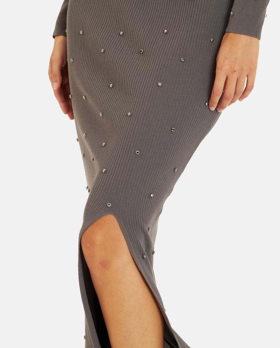 Saia Midi de Malha com Pedraria Cinzento-2