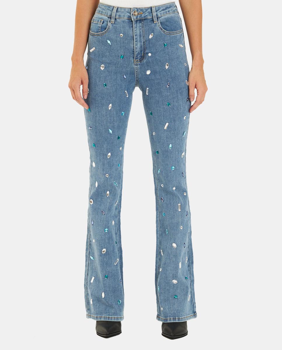 Imagem 0 de Jeans À Boca de Sino de Cintura Alta com Pedraria