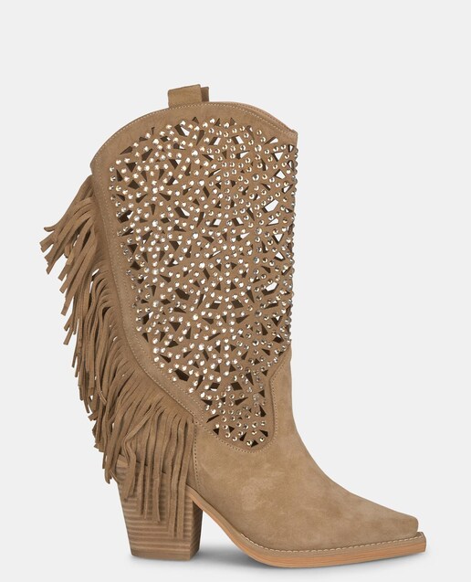 Imagem 0 de Botas de Pele com Salto e Detalhe de Franjas e Pedraria
