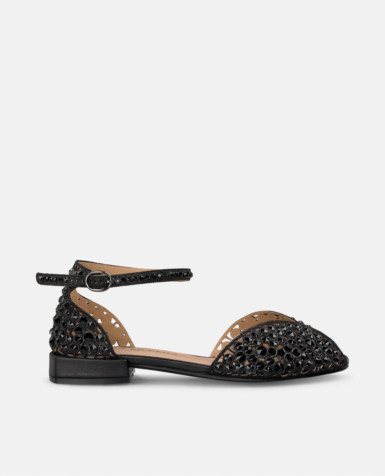 Sandálias Rasas com Pedraria e Pulseira Tornozeleira Preto-1