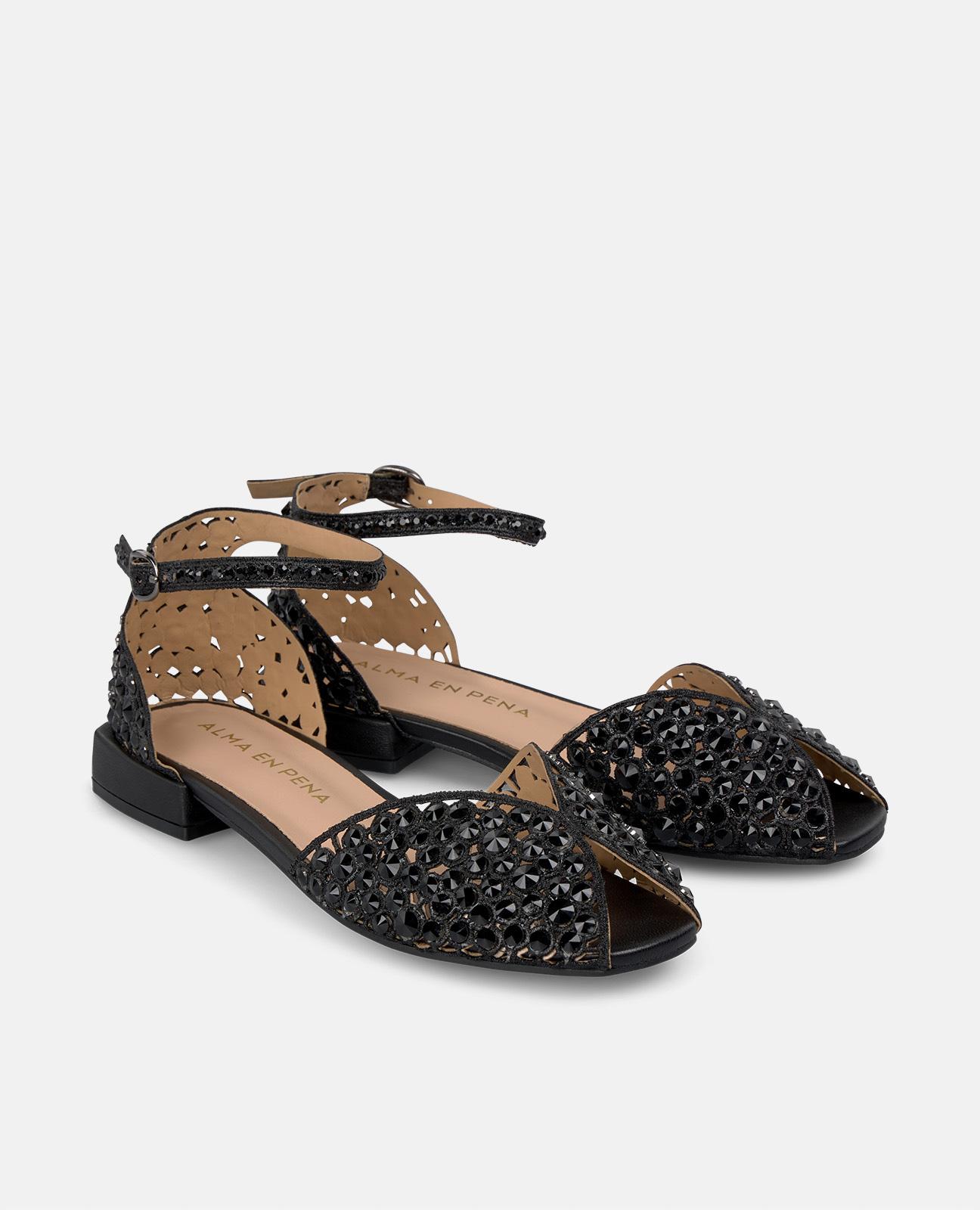 Sandálias Rasas com Pedraria e Pulseira Tornozeleira Preto-2