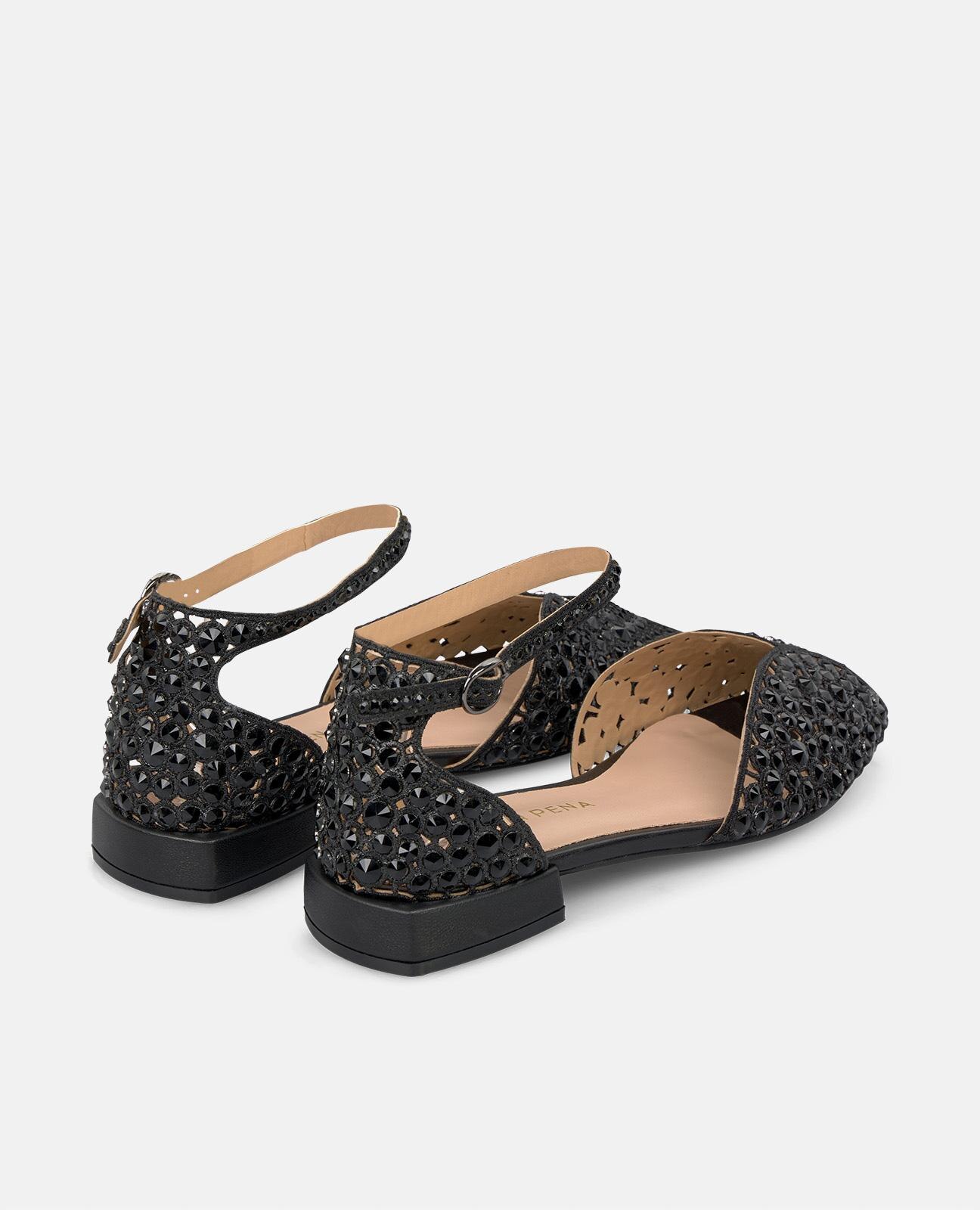 Sandálias Rasas com Pedraria e Pulseira Tornozeleira Preto-3