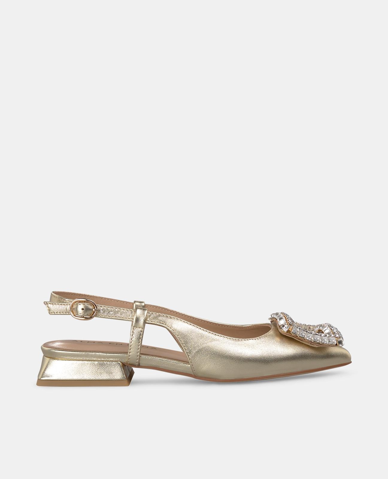 Sapatos de Salto com Broche de Pedraria e Biqueira Afiada Ouro-1