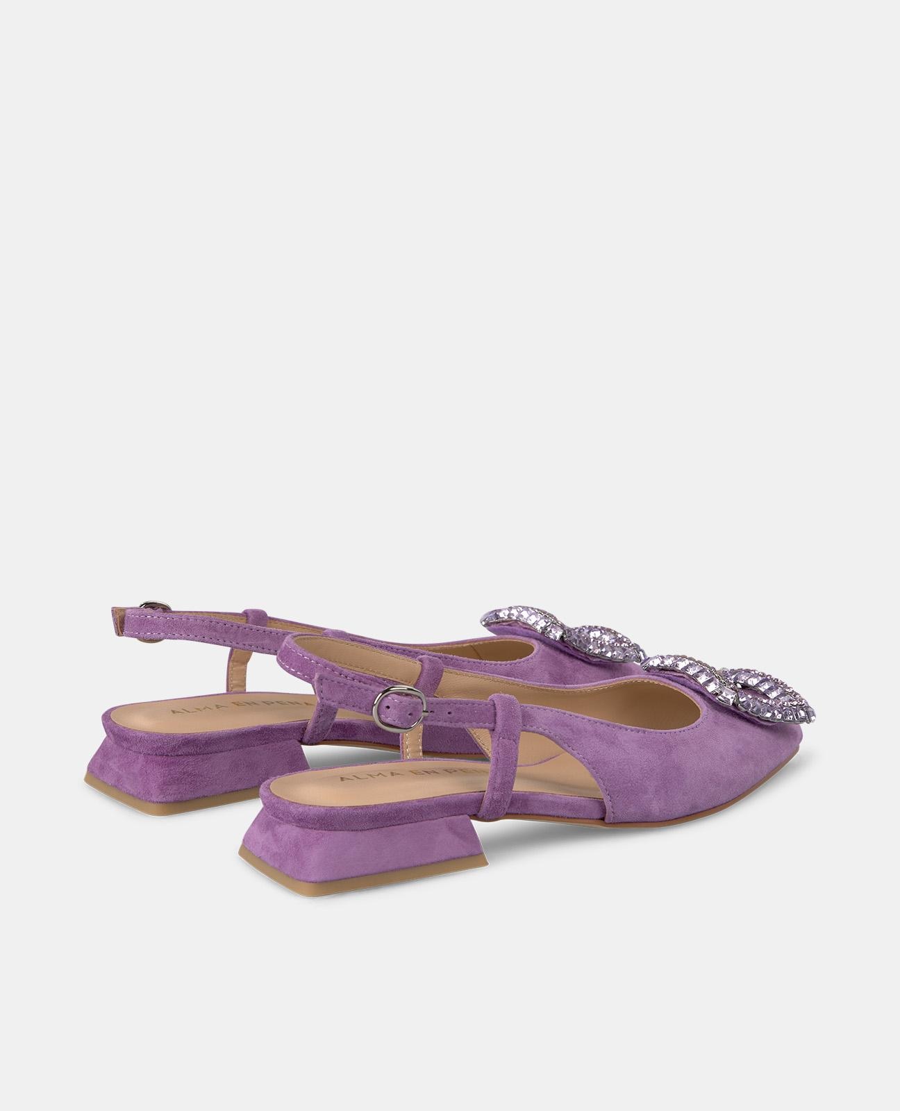 Sapatos de Salto com o Calcanhar Aberto e Adorno de Joias Frontal Roxo-3