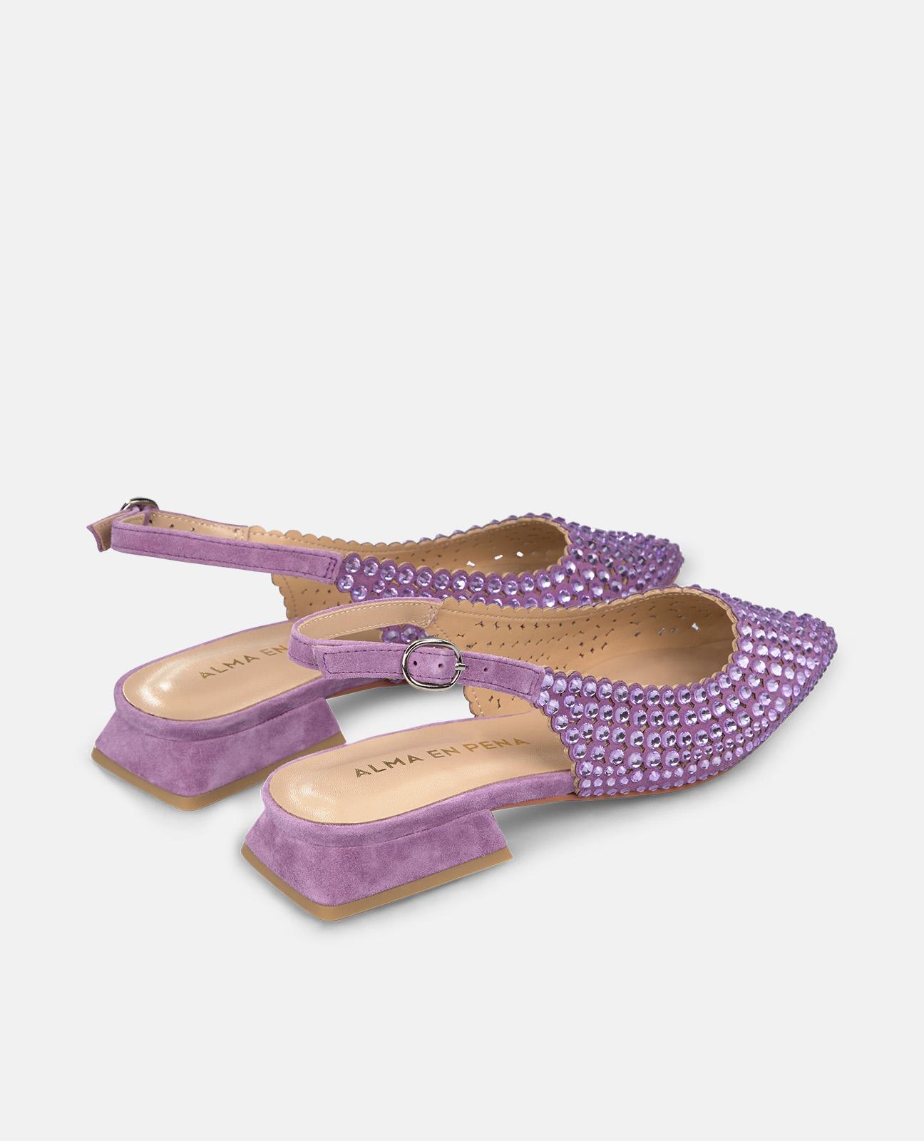 Sapatos de Salto com Biqueira Afiada e Detalhes de Pedraria Roxo-2
