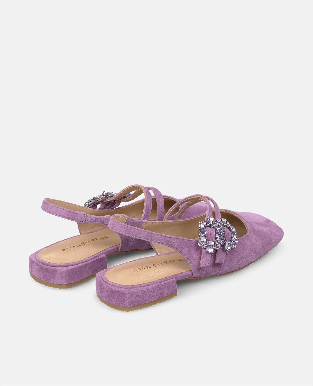 Sapatos de Salto com Fecho de Fivela Dupla com Detalhes em Pedraria Lilás-3