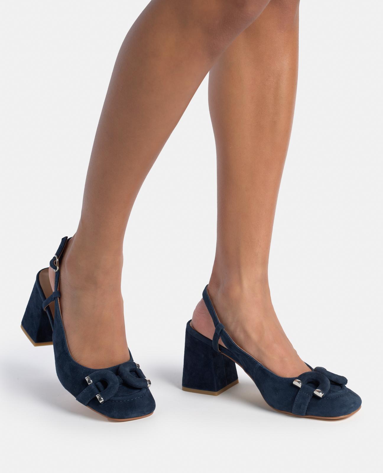 Sapatos de Salto com o Calcanhar Aberto com Estribo na Biqueira e com Fecho de Fivela Azul-4