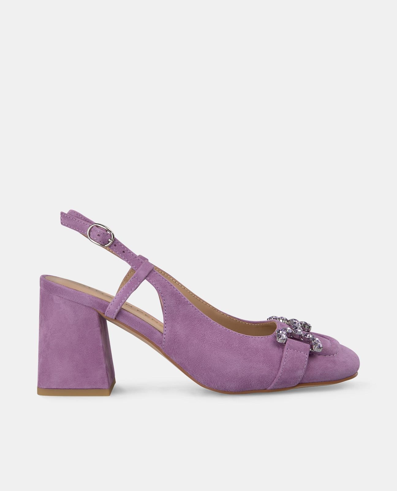 Sapatos de Salto com o Calcanhar Aberto com Estribo na Biqueira e Fecho de Fivela Roxo-1