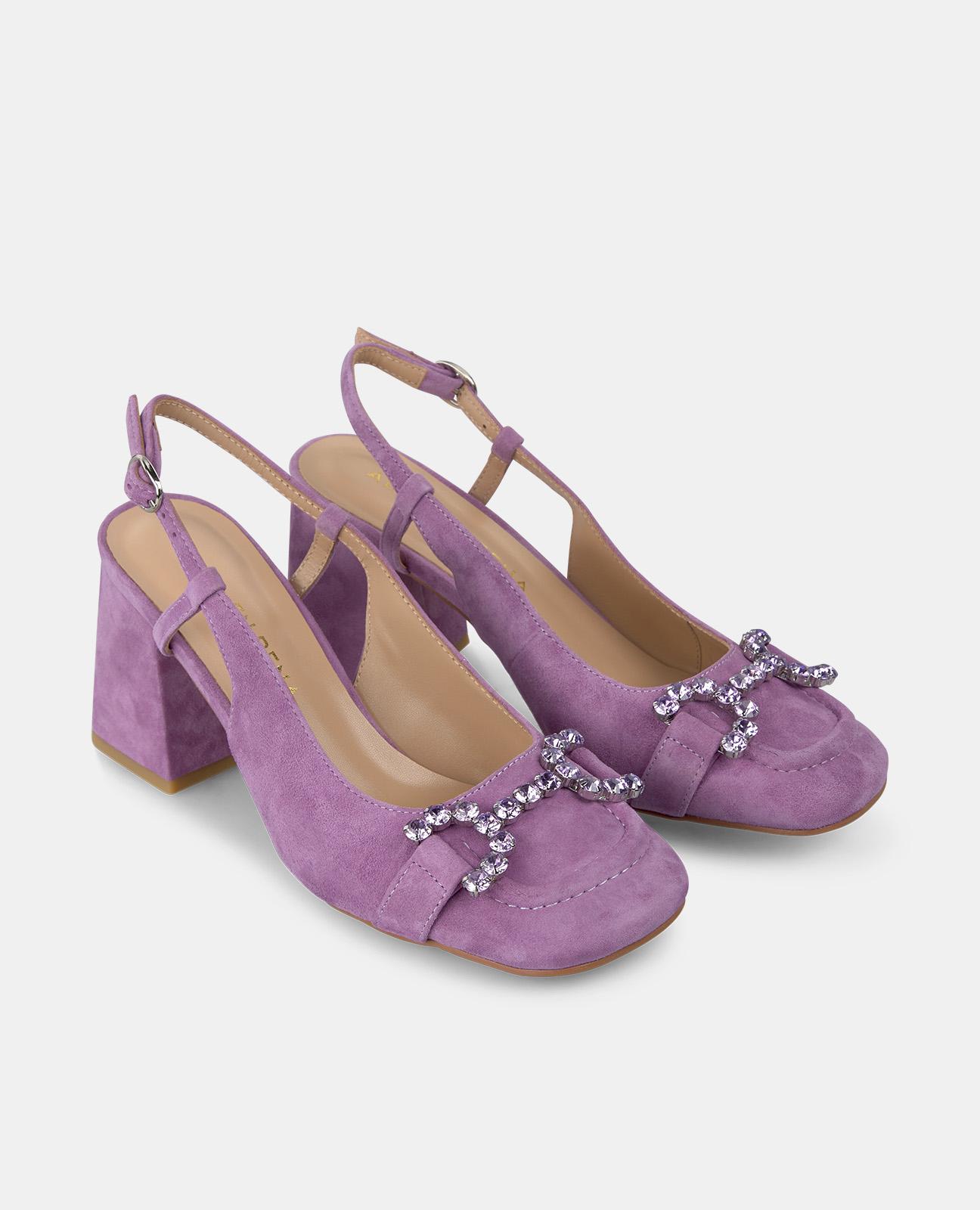 Sapatos de Salto com o Calcanhar Aberto com Estribo na Biqueira e Fecho de Fivela Roxo-2