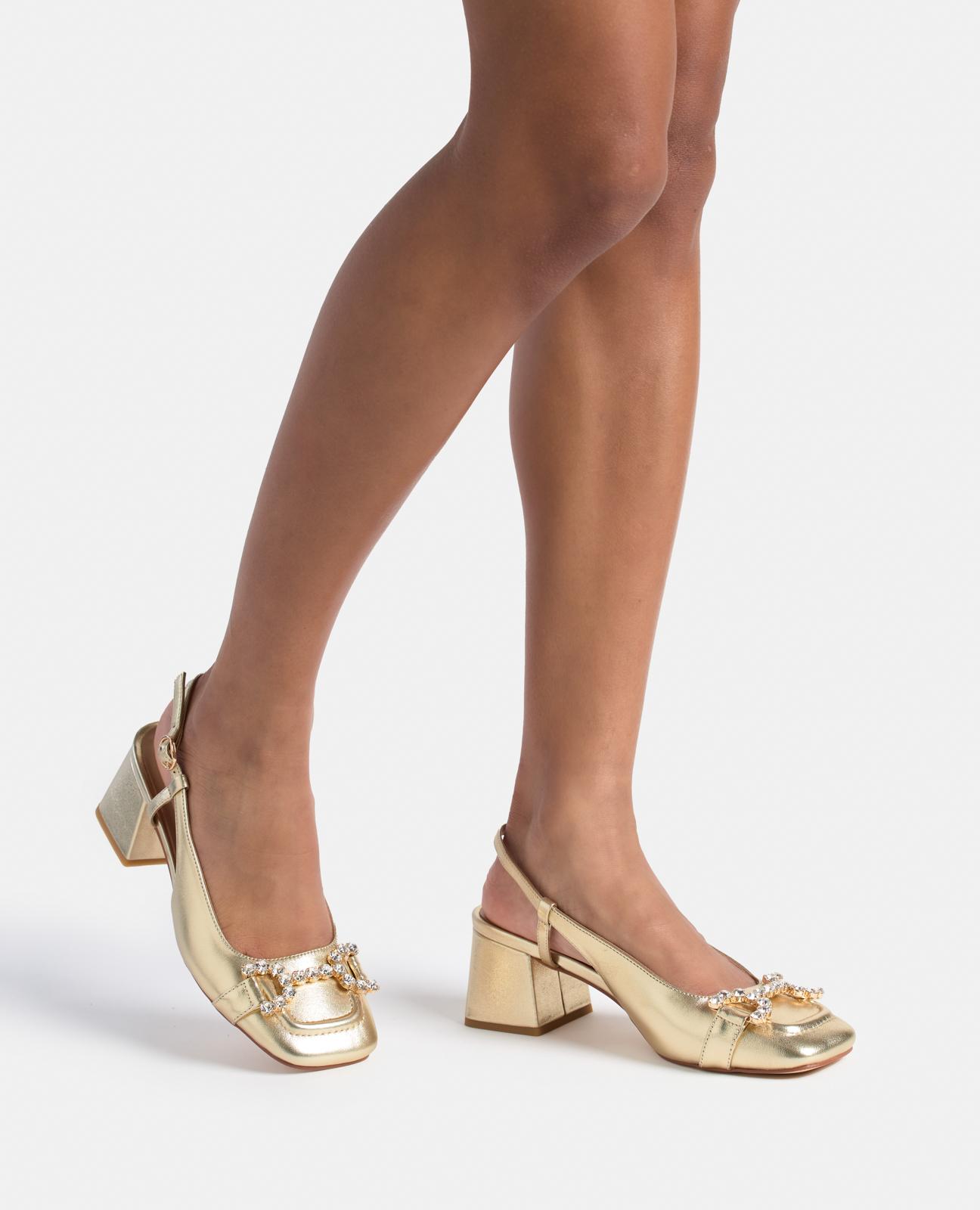 Sapatos de Salto com Calcanhar Aberto e Estribo de Pedraria Ouro-4