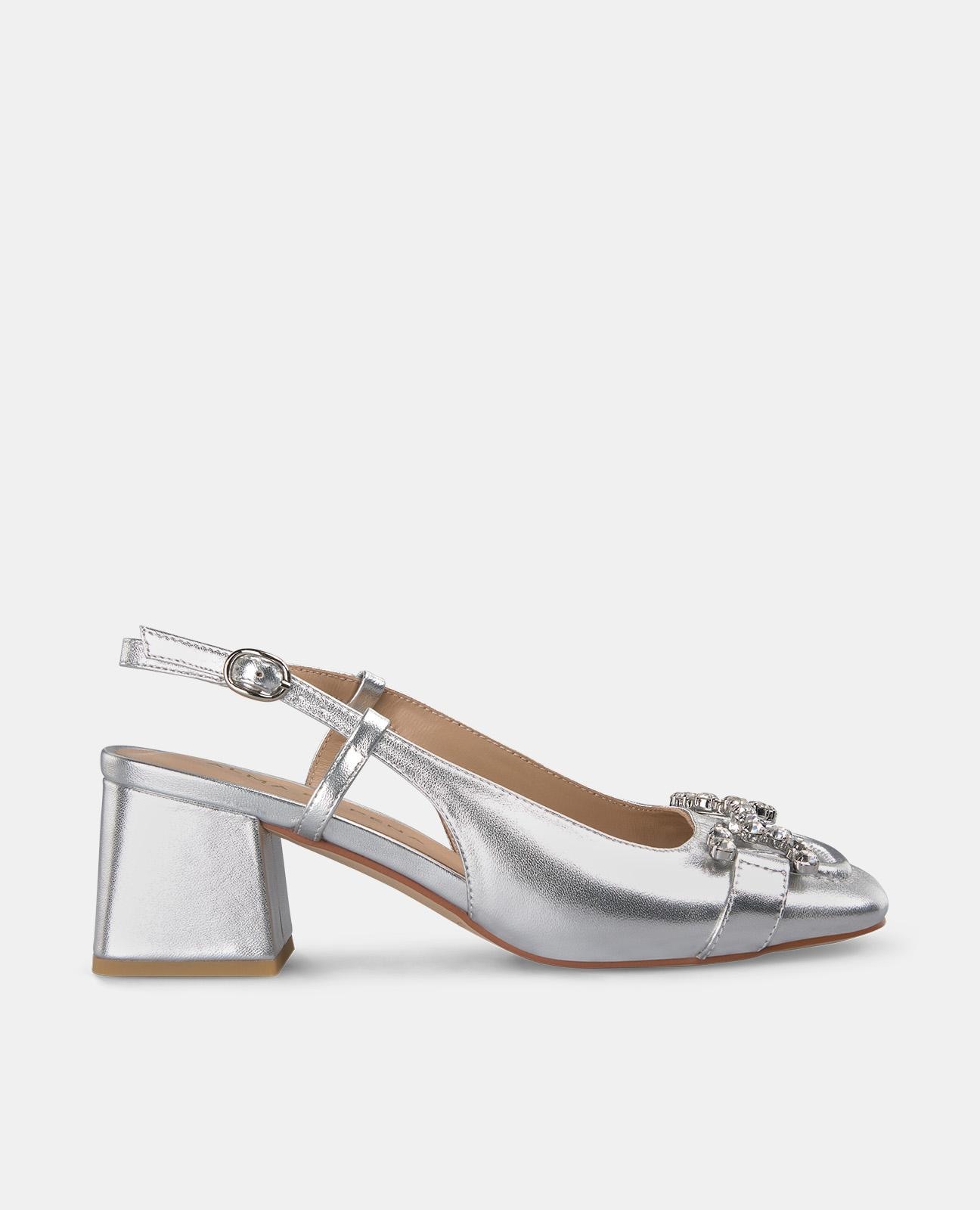 Sapatos de Salto com Calcanhar Aberto e Estribo de Pedraria Prata-1