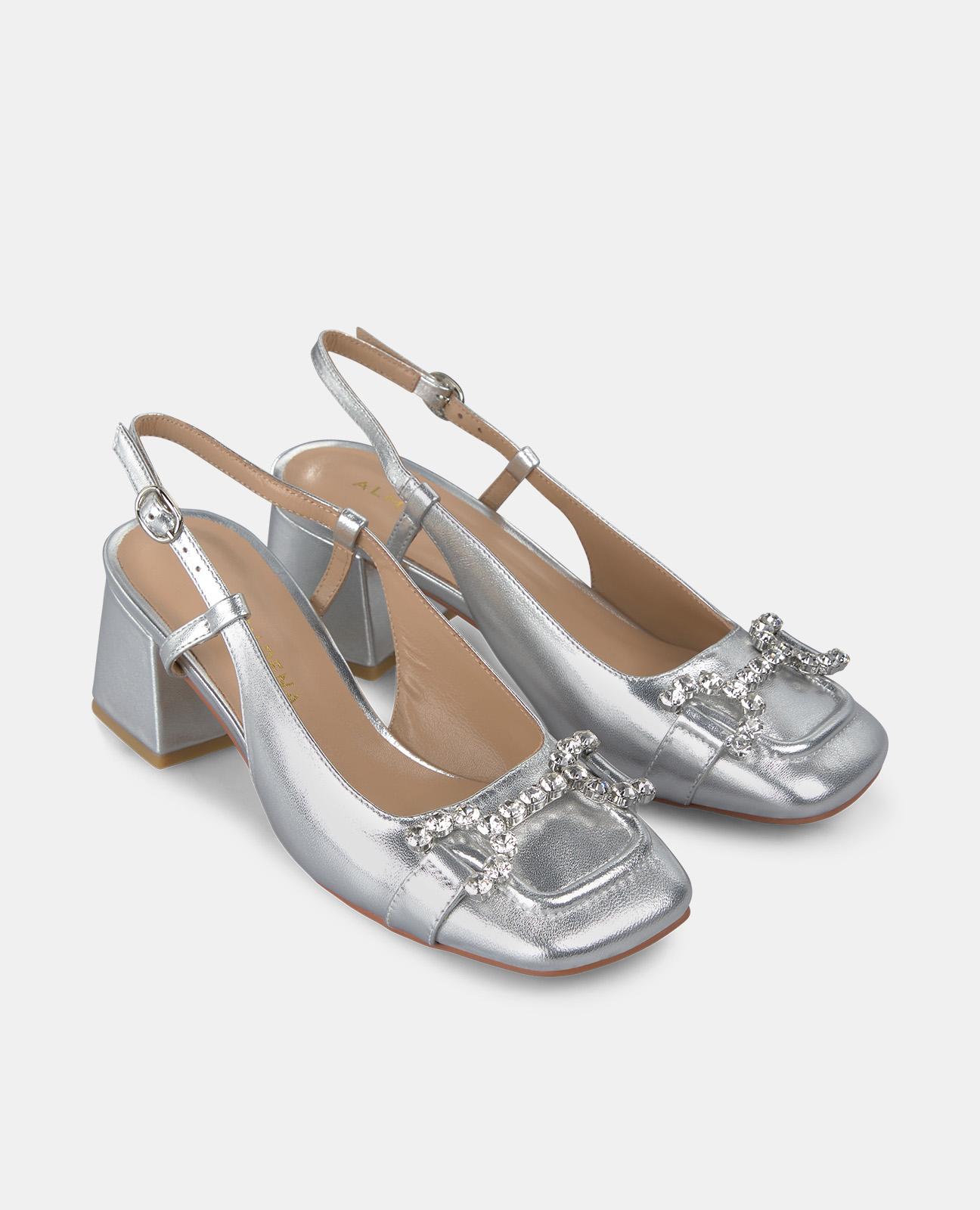 Sapatos de Salto com Calcanhar Aberto e Estribo de Pedraria Prata-2