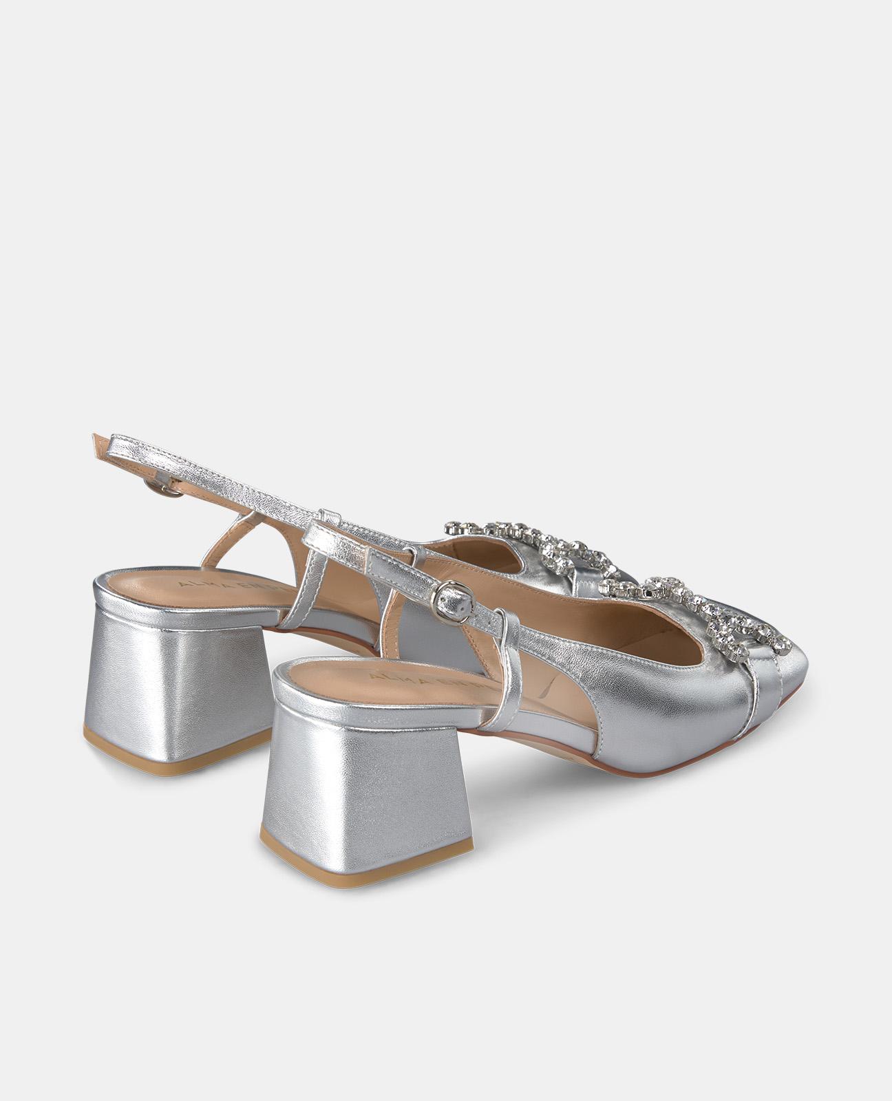 Sapatos de Salto com Calcanhar Aberto e Estribo de Pedraria Prata-3