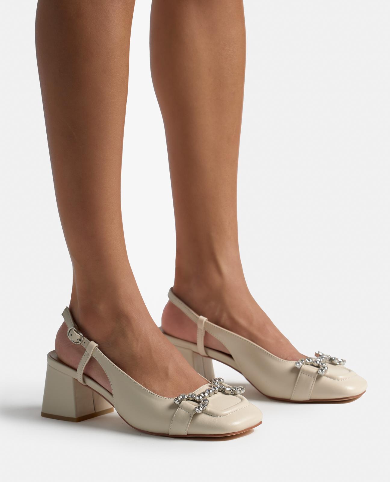 Sapatos de Salto com Calcanhar Aberto e Detalhes de Pedraria Branco-4