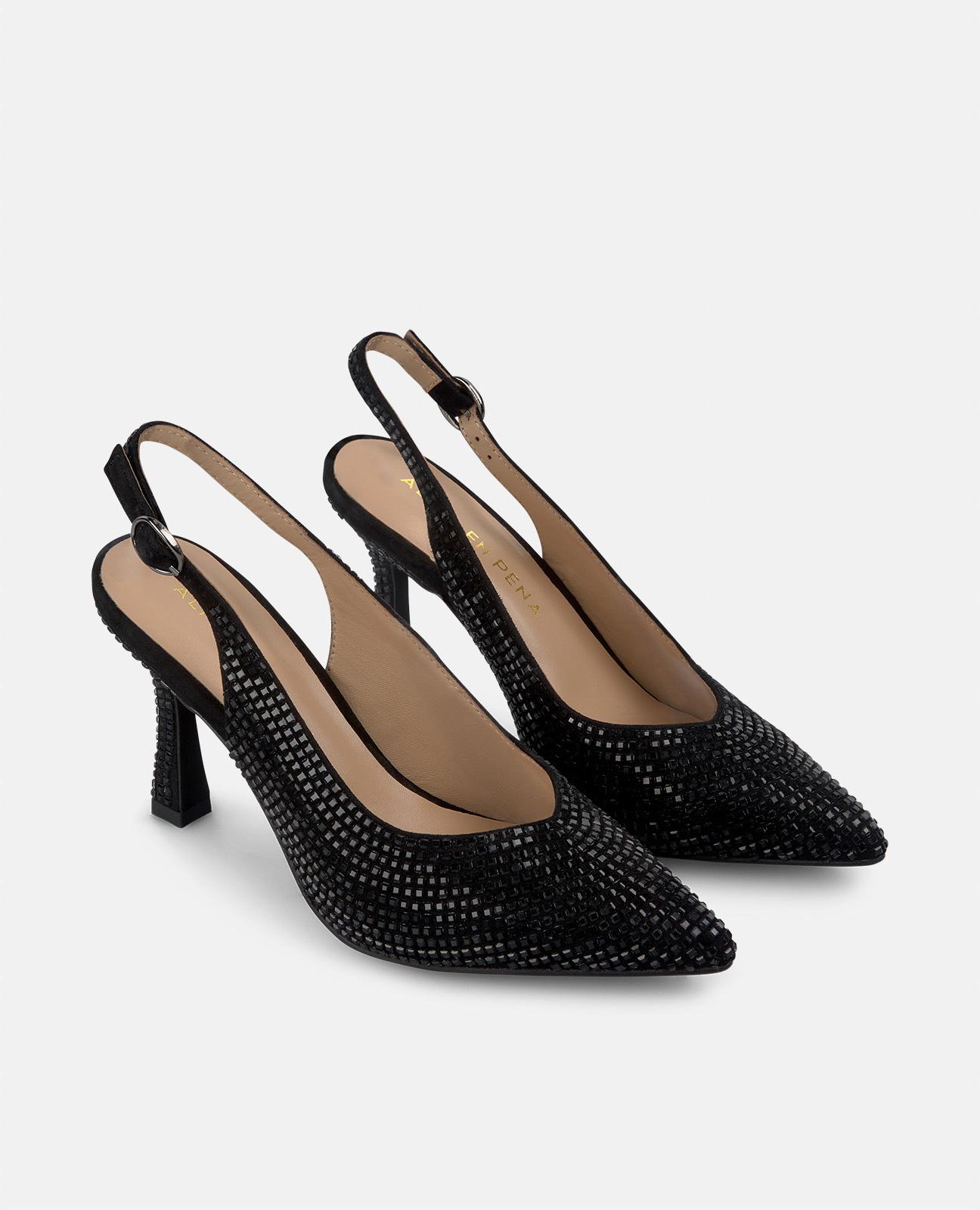 Sapatos de Salto Coberto com Pedraria e Fecho de Fivela Preto-2