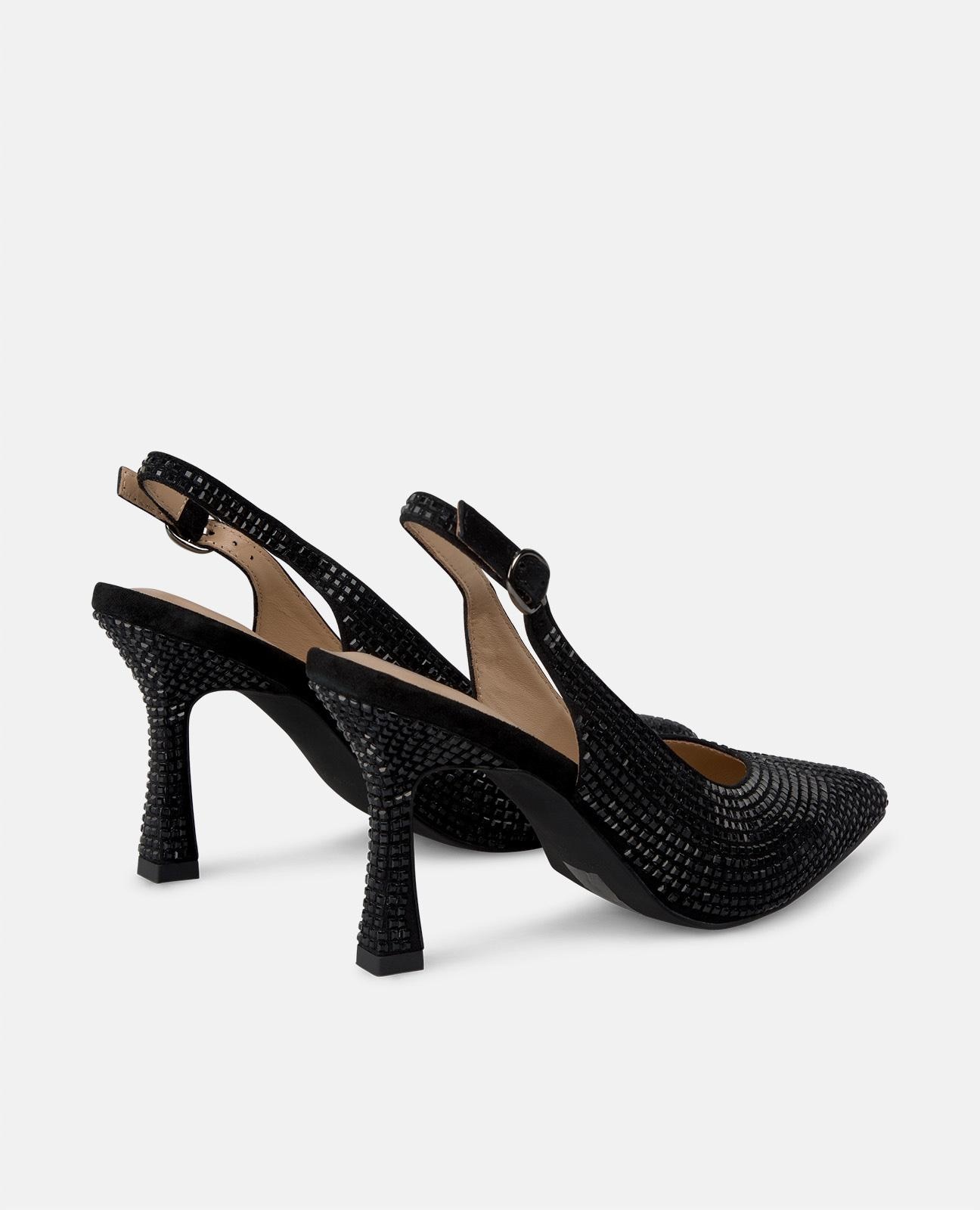 Sapatos de Salto Coberto com Pedraria e Fecho de Fivela Preto-3