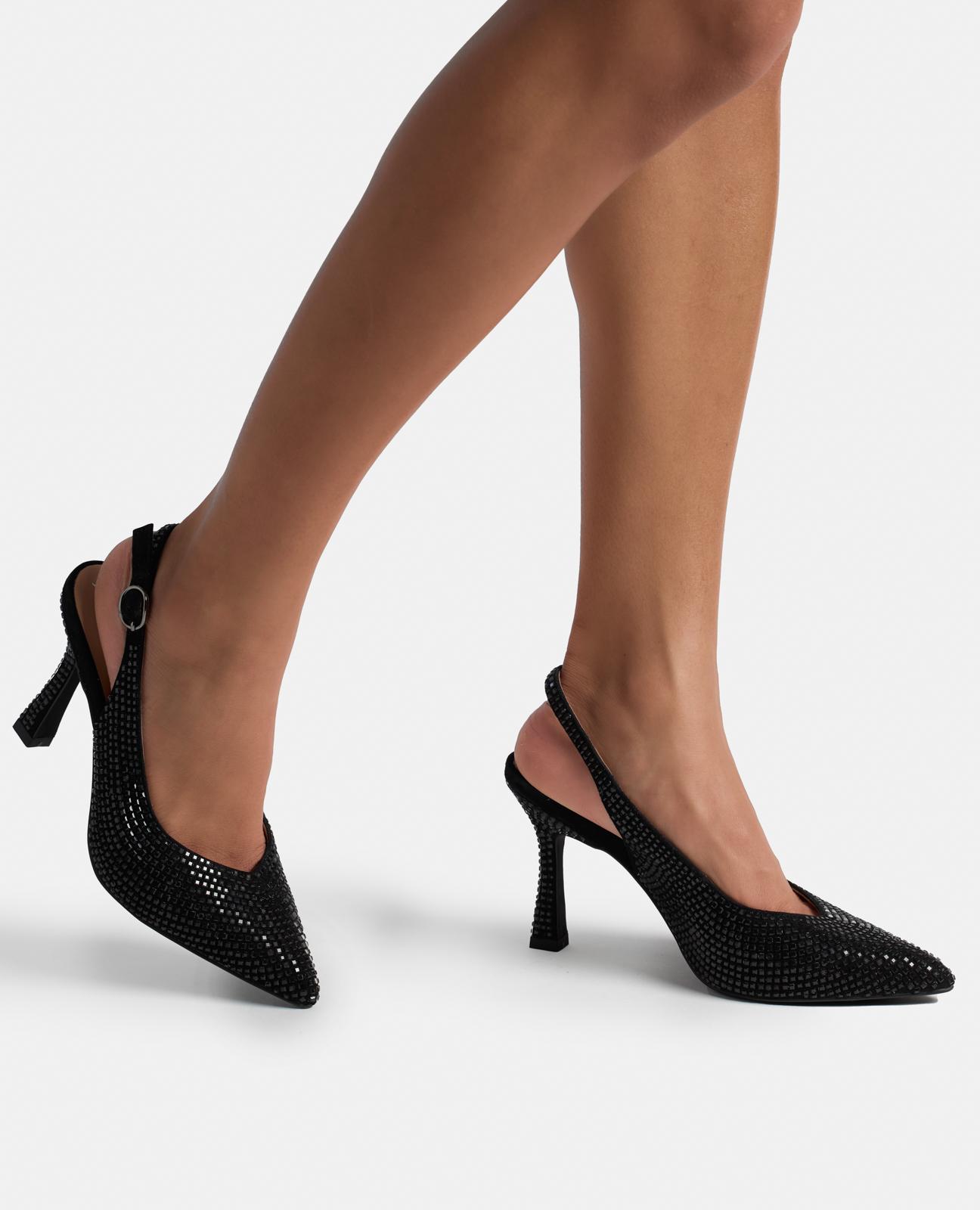 Sapatos de Salto Coberto com Pedraria e Fecho de Fivela Preto-4