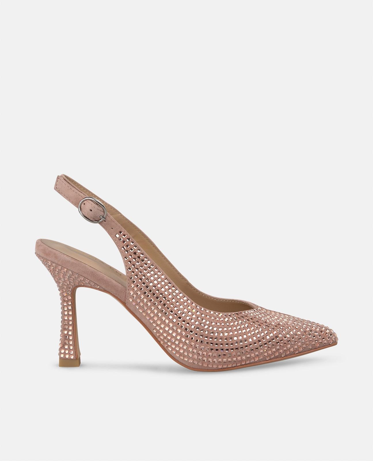 Sapatos de Salto Coberto com Pedraria e Fecho de Fivela Rosa-1