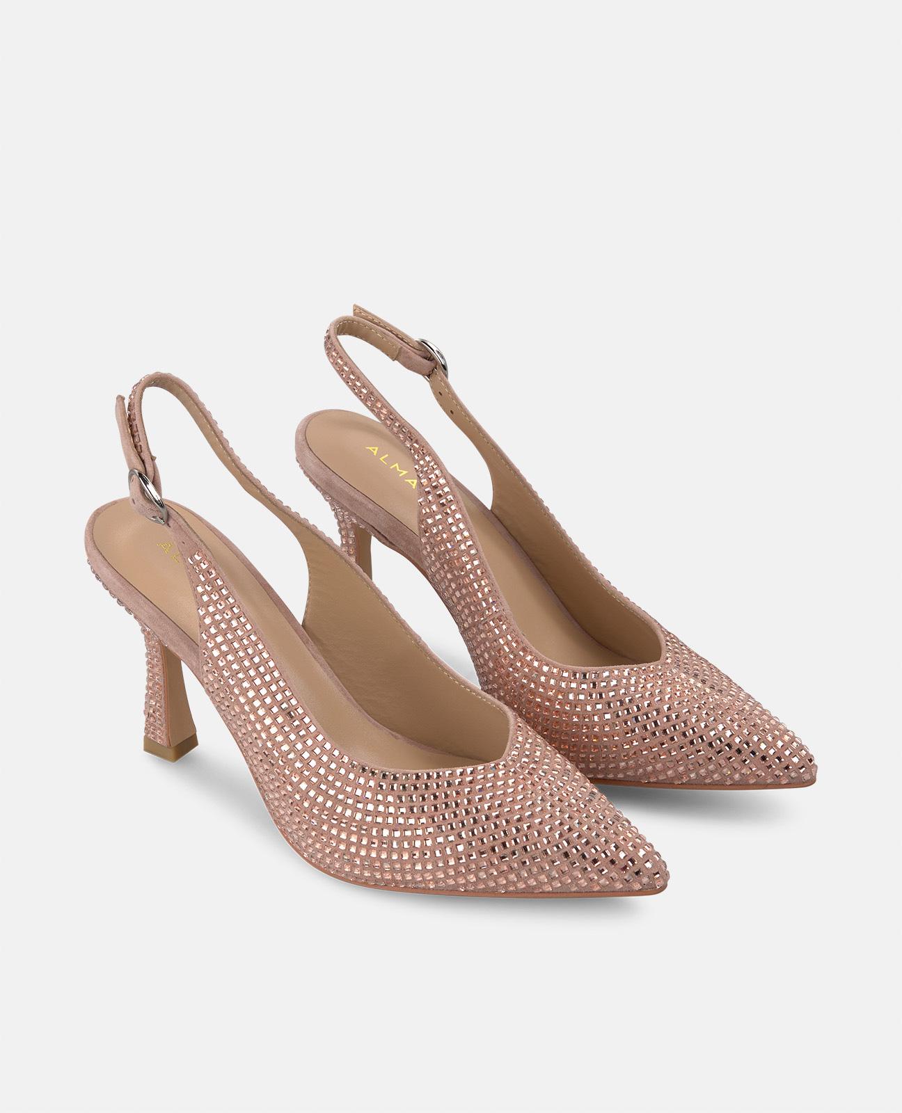 Sapatos de Salto Coberto com Pedraria e Fecho de Fivela Rosa-2