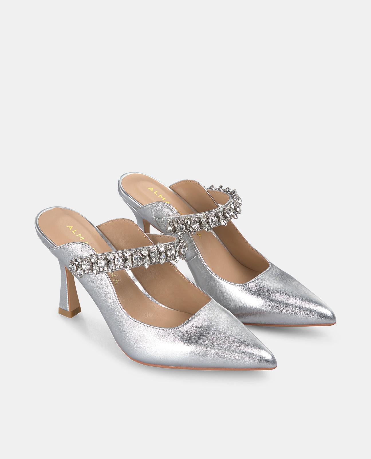 Sapatos de Salto com o Calcanhar Aberto e Tira de Pedraria Prata-2