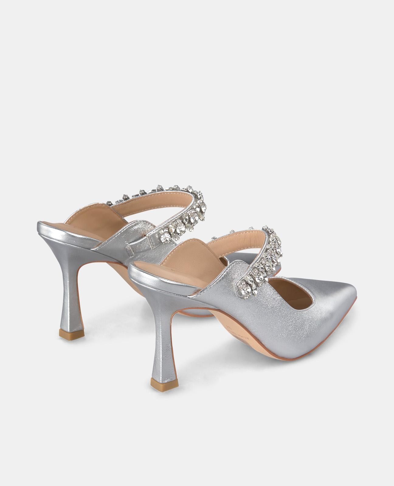 Sapatos de Salto com o Calcanhar Aberto e Tira de Pedraria Prata-3