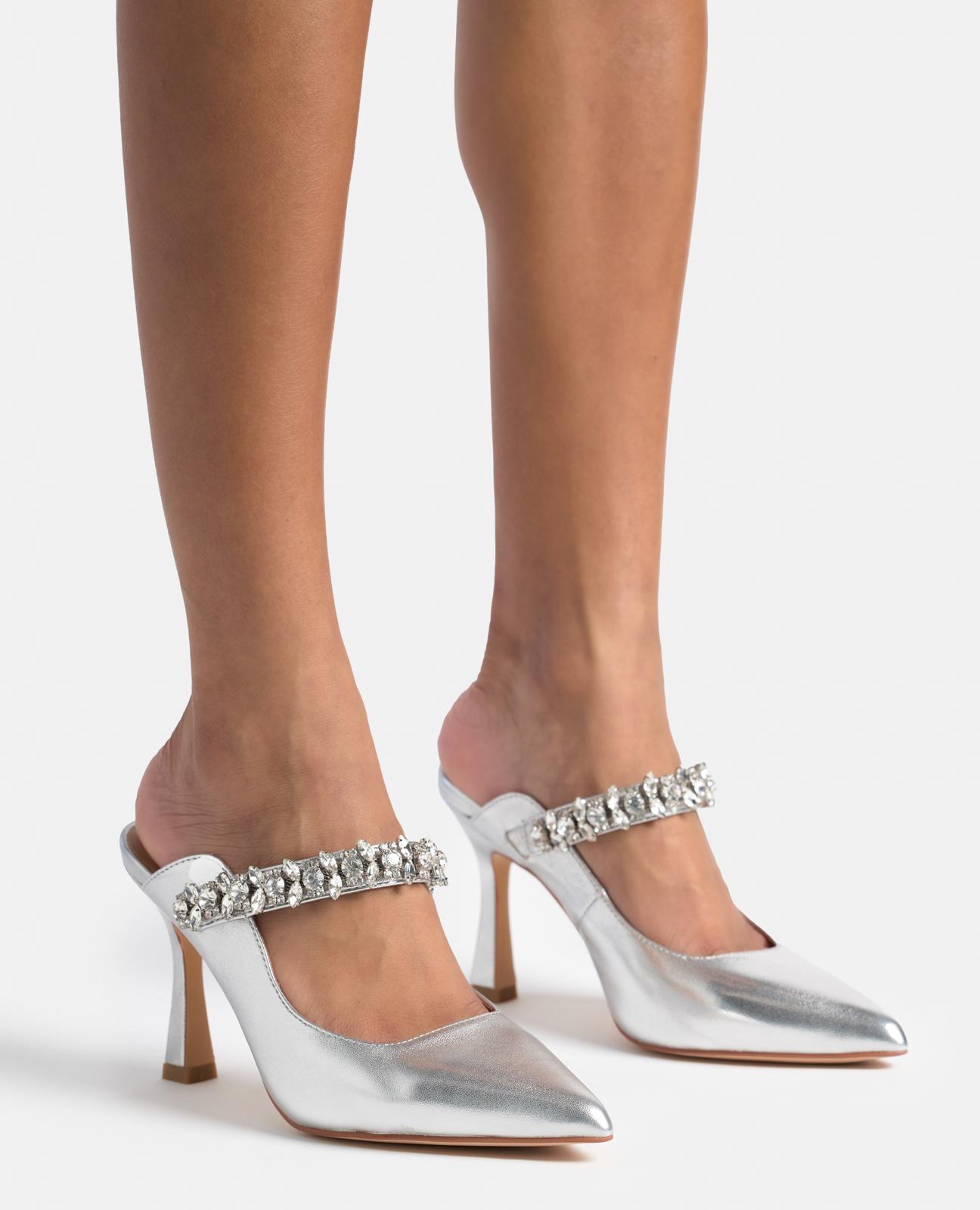 Sapatos de Salto com o Calcanhar Aberto e Tira de Pedraria Prata-4
