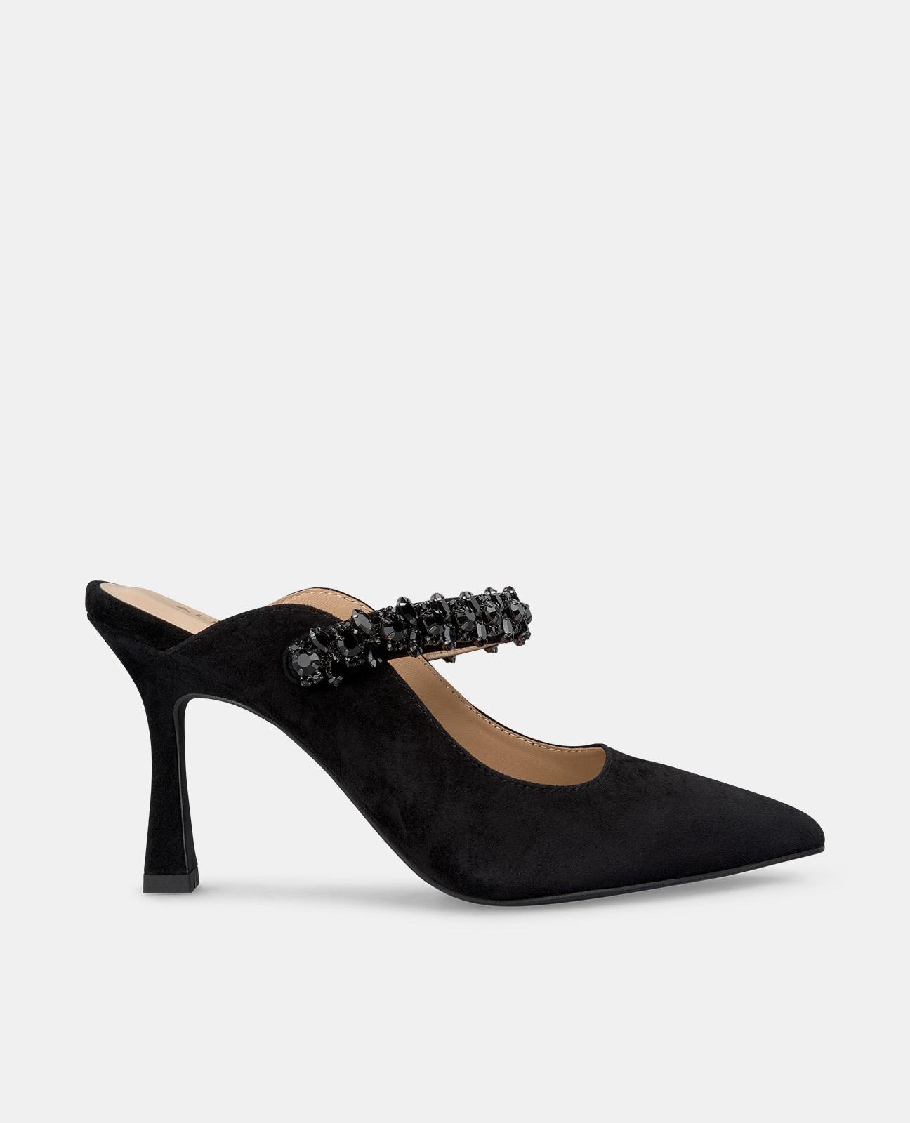 Sapatos de Salto com Calcanhar Aberto e Detalhe de Pedraria Preto-1