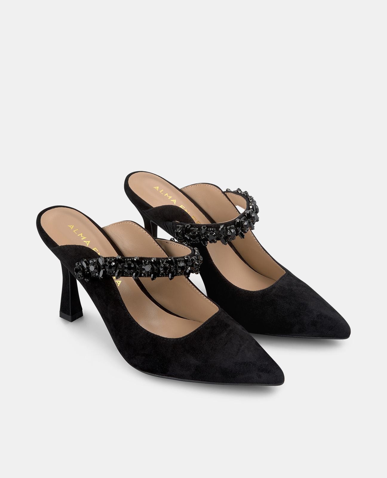 Sapatos de Salto com Calcanhar Aberto e Detalhe de Pedraria Preto-2