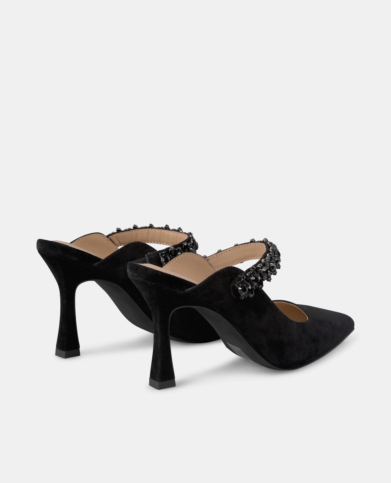 Sapatos de Salto com Calcanhar Aberto e Detalhe de Pedraria Preto-3