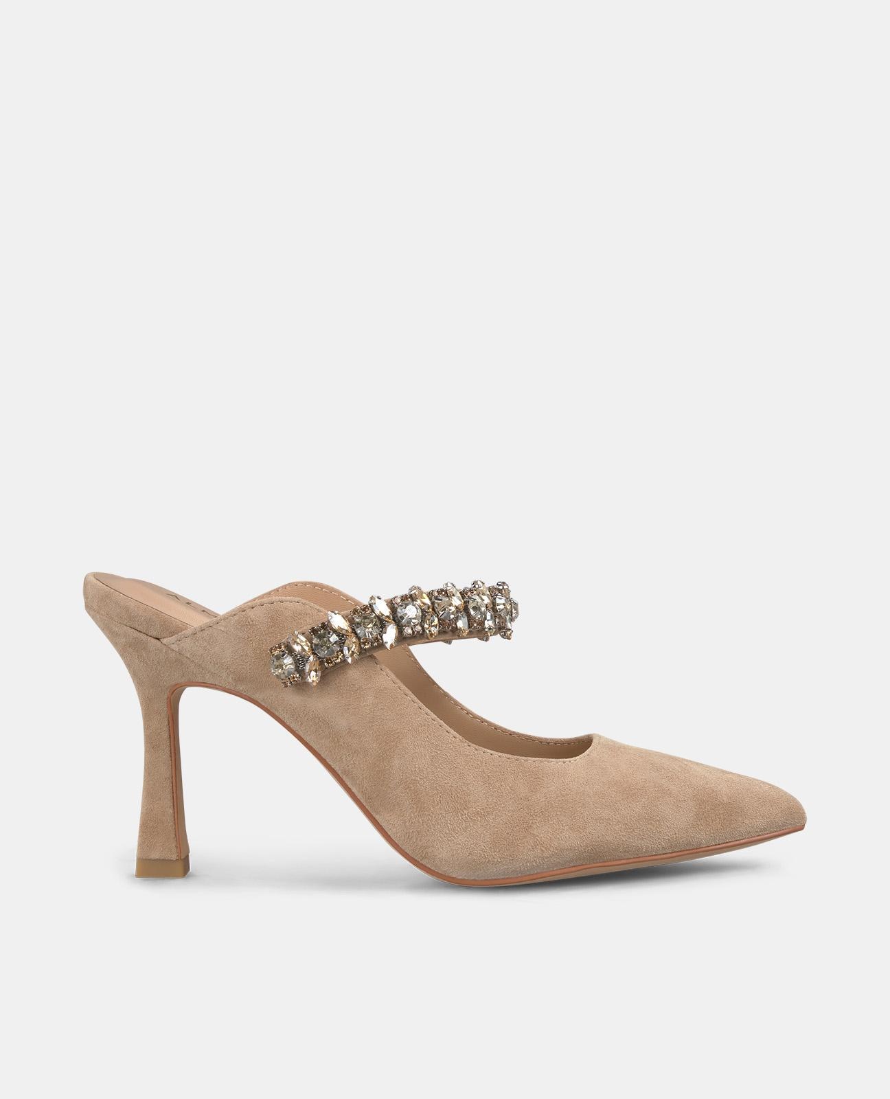 Sapatos de Salto com o Calcanhar Aberto e Tira de Pedraria Castanho-claro-1