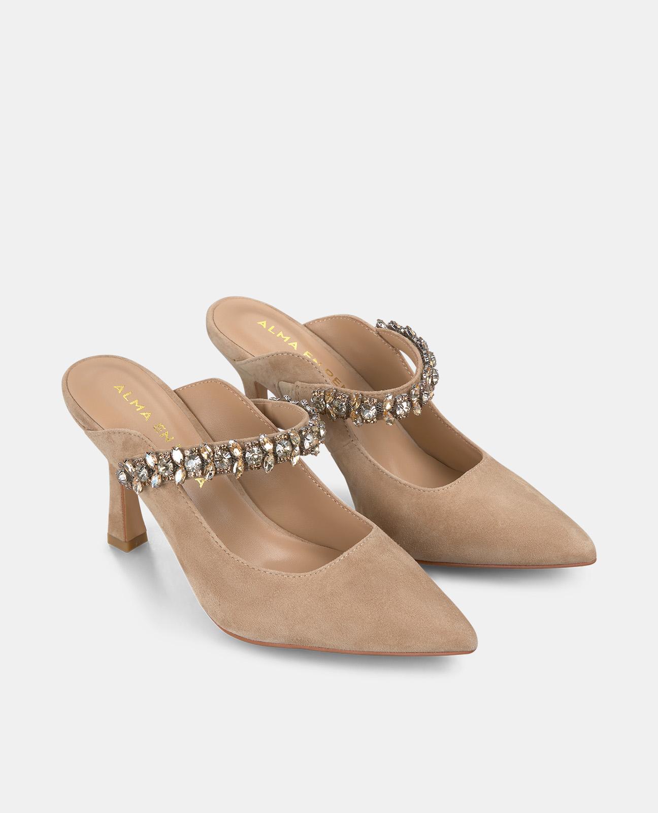 Sapatos de Salto com o Calcanhar Aberto e Tira de Pedraria Castanho-claro-2