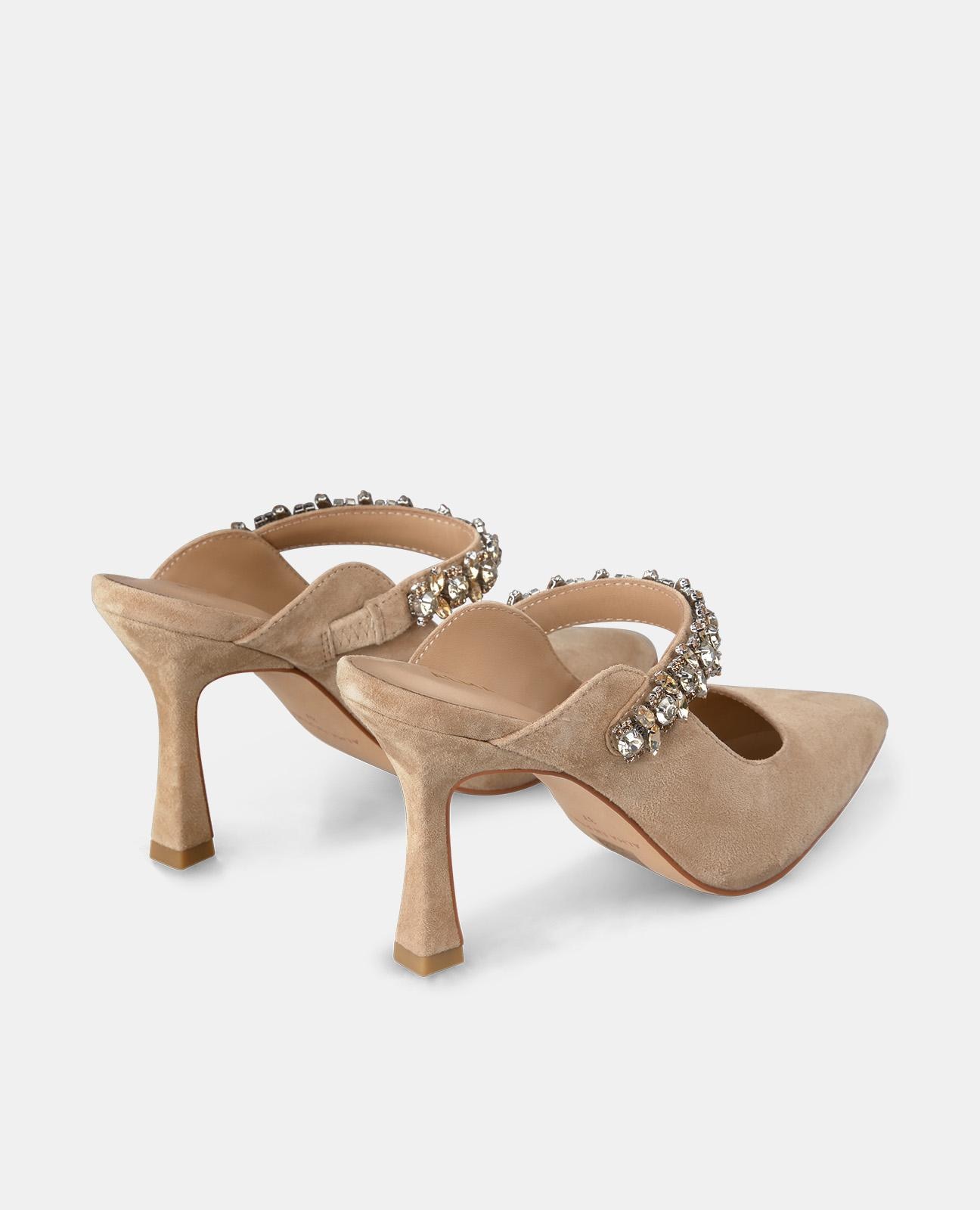 Sapatos de Salto com o Calcanhar Aberto e Tira de Pedraria Castanho-claro-3