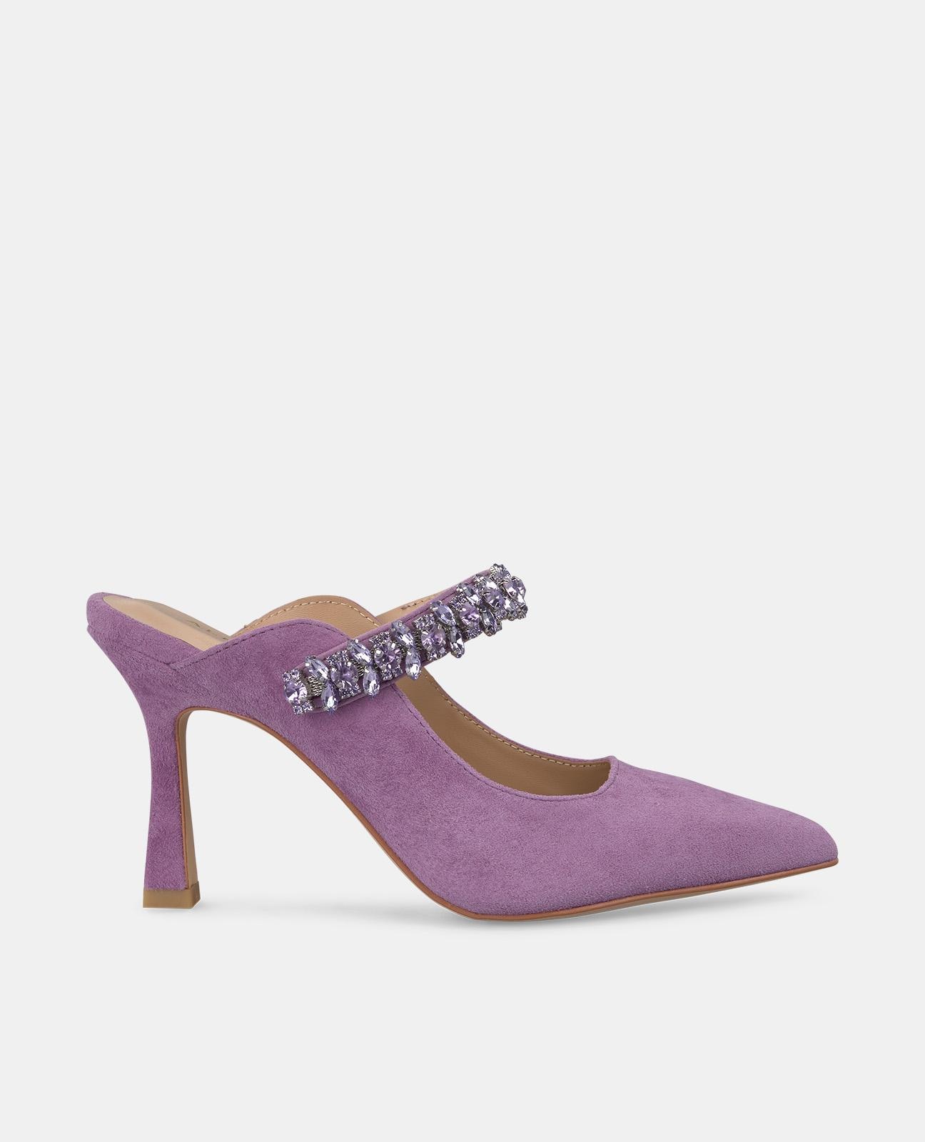 Sapatos de Salto com o Calcanhar Aberto e Tira de Pedraria Roxo-1