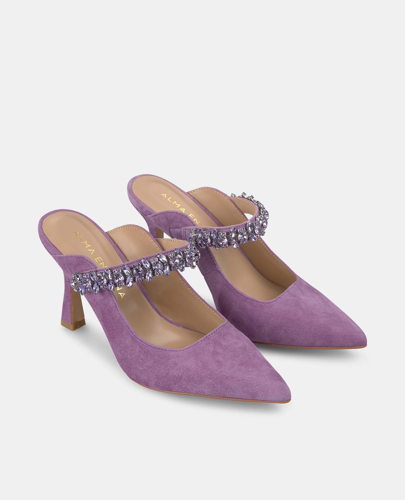 Sapatos de Salto com o Calcanhar Aberto e Tira de Pedraria Roxo-2