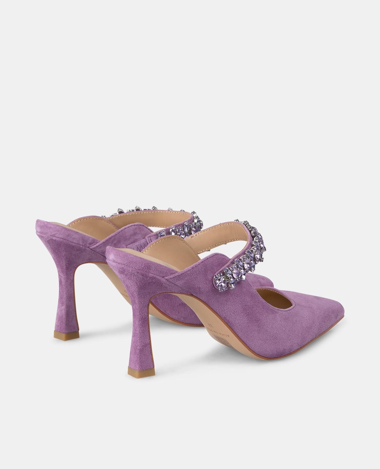 Sapatos de Salto com o Calcanhar Aberto e Tira de Pedraria Roxo-3